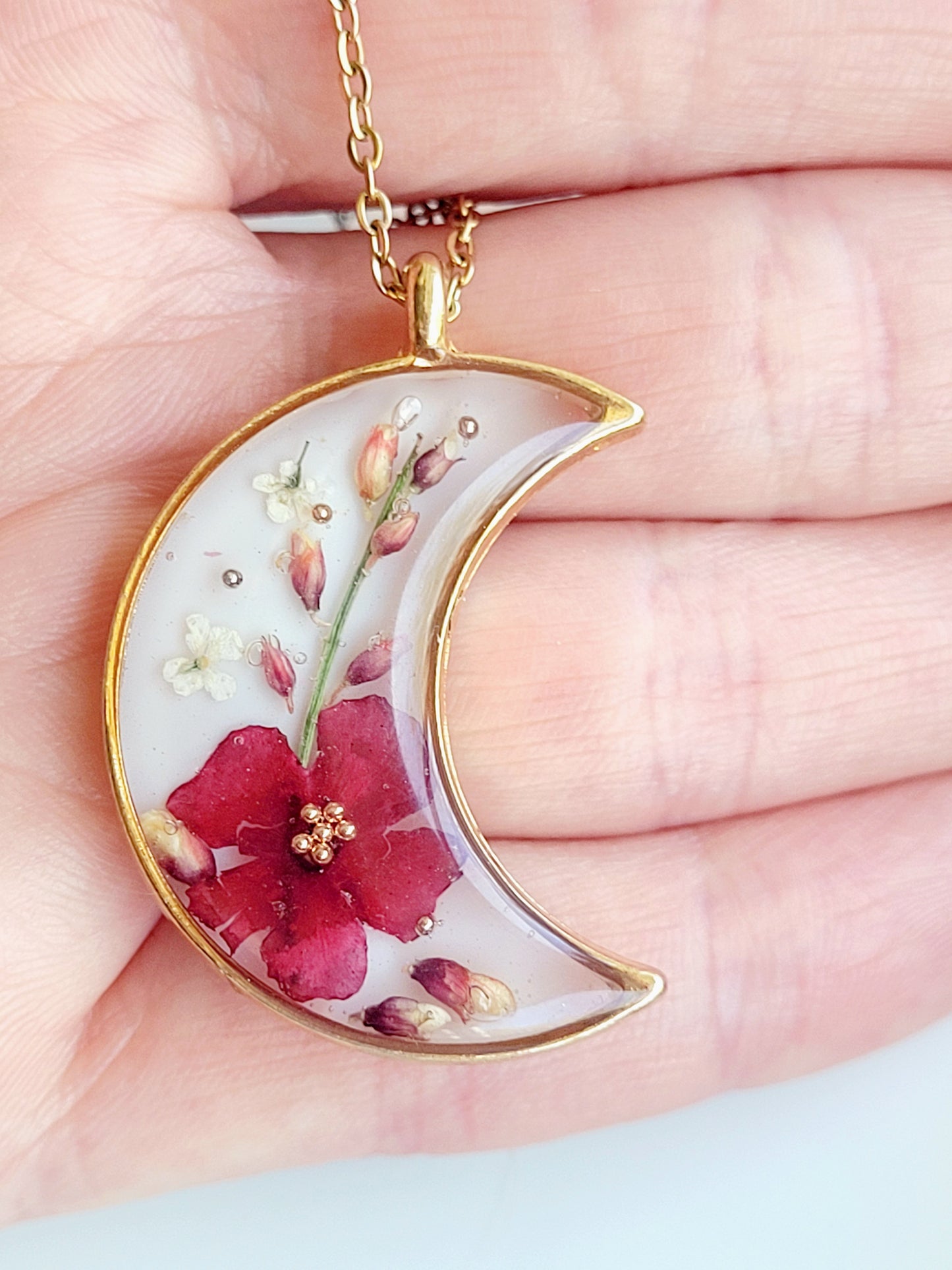 Handcrafted crescent necklace with real wildflowers, one-of-a-kind necklace and special gift for her
