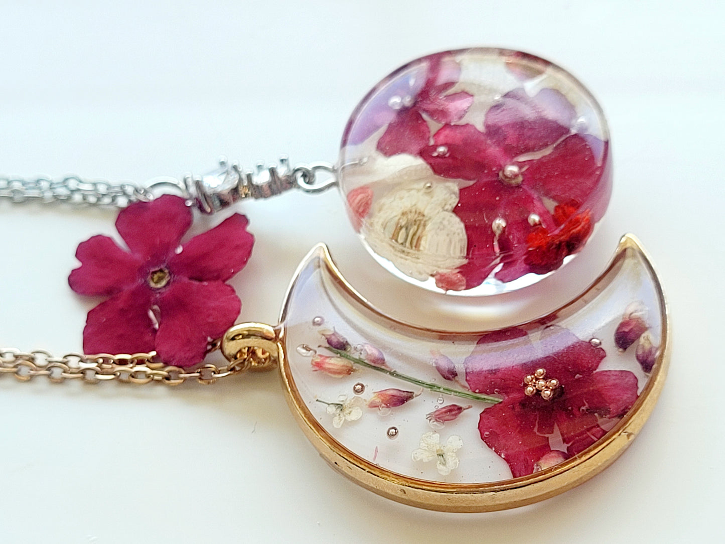 Handcrafted crescent necklace with real wildflowers, one-of-a-kind necklace and special gift for her