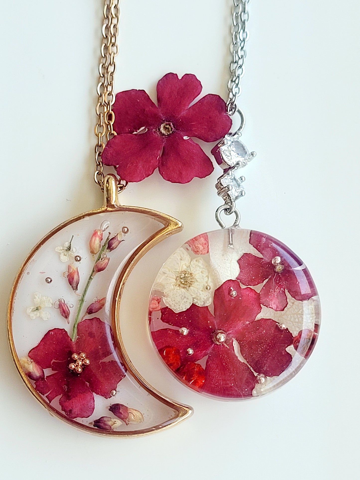 Handcrafted crescent necklace with real wildflowers, one-of-a-kind necklace and special gift for her