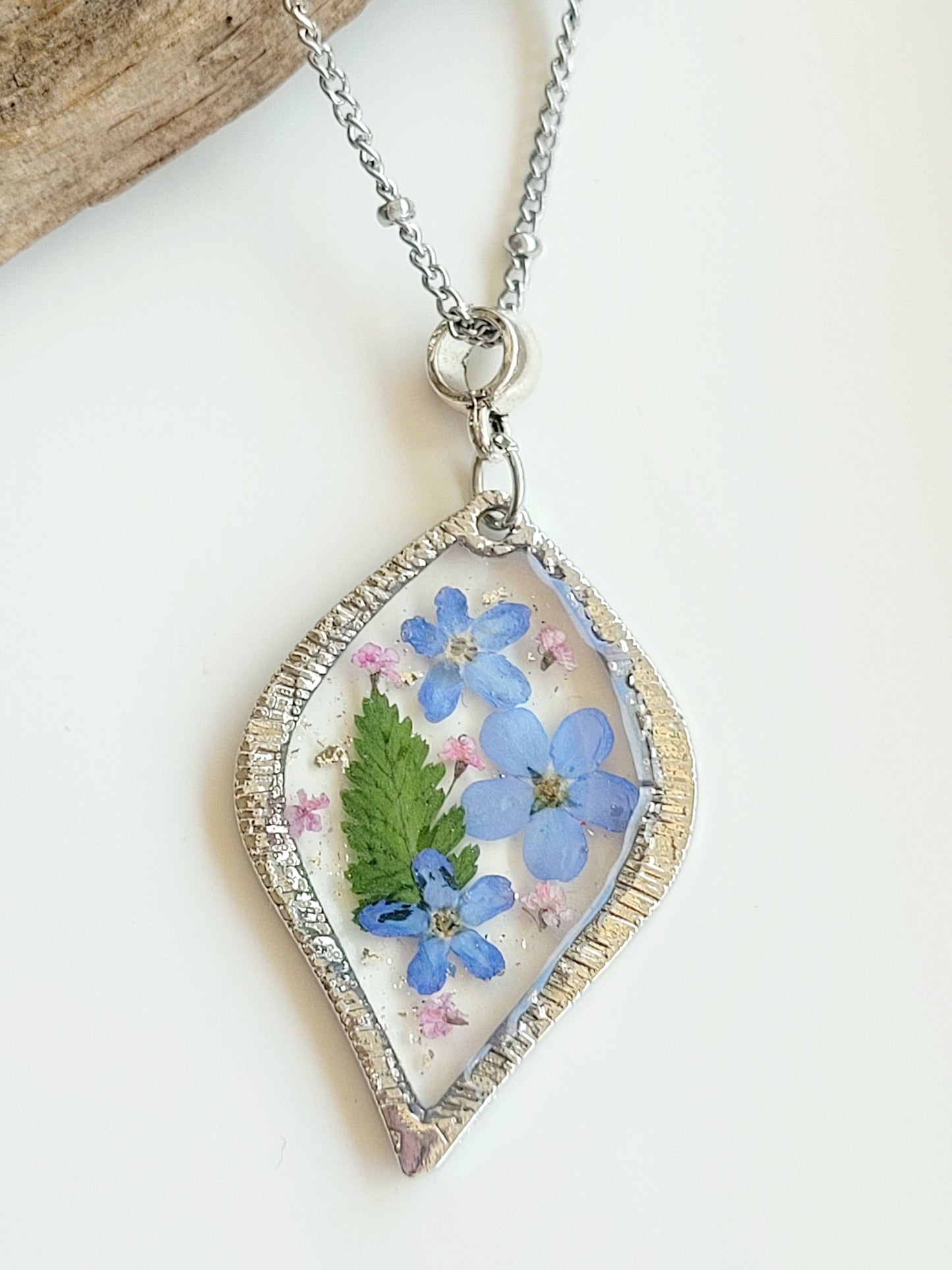 Foget me not handcrafted tear drop necklace with genuine flowers
