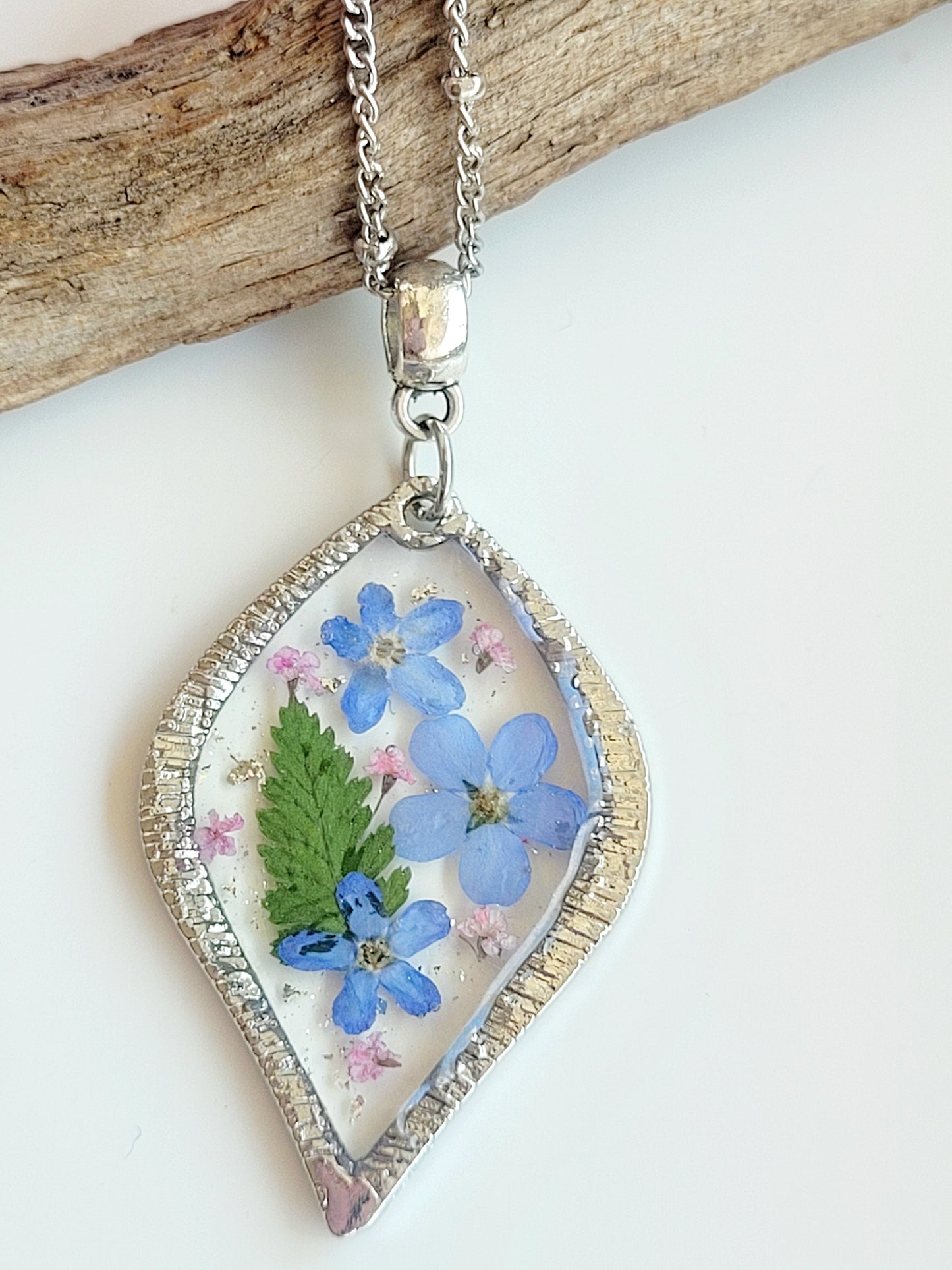Foget me not handcrafted tear drop necklace with genuine flowers