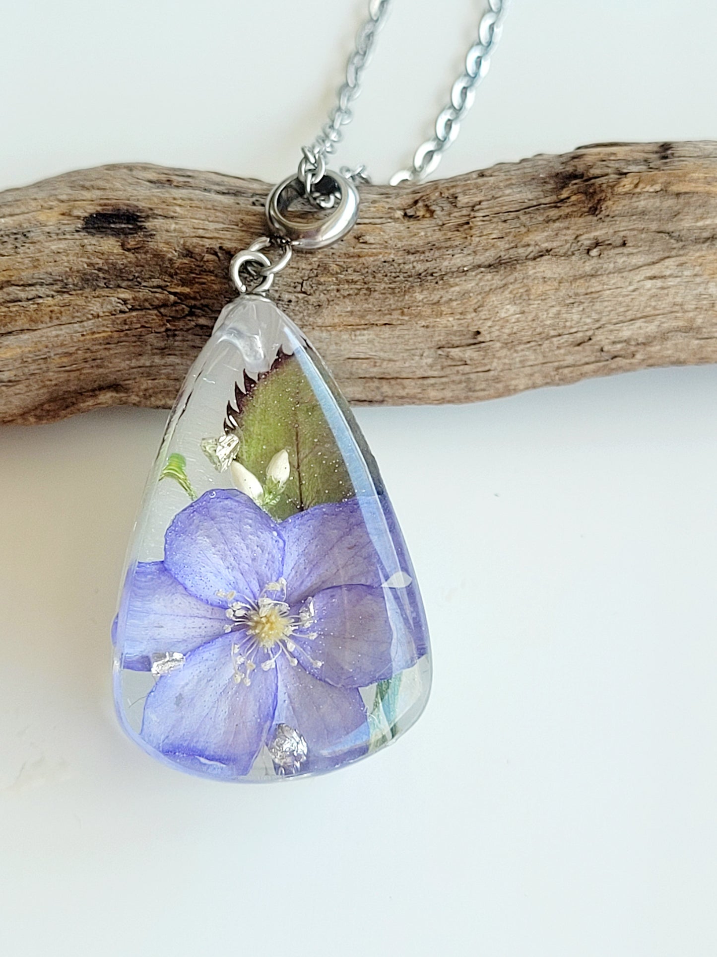 Floral botanical handcrafted tear drop necklace with genuine Hepatica