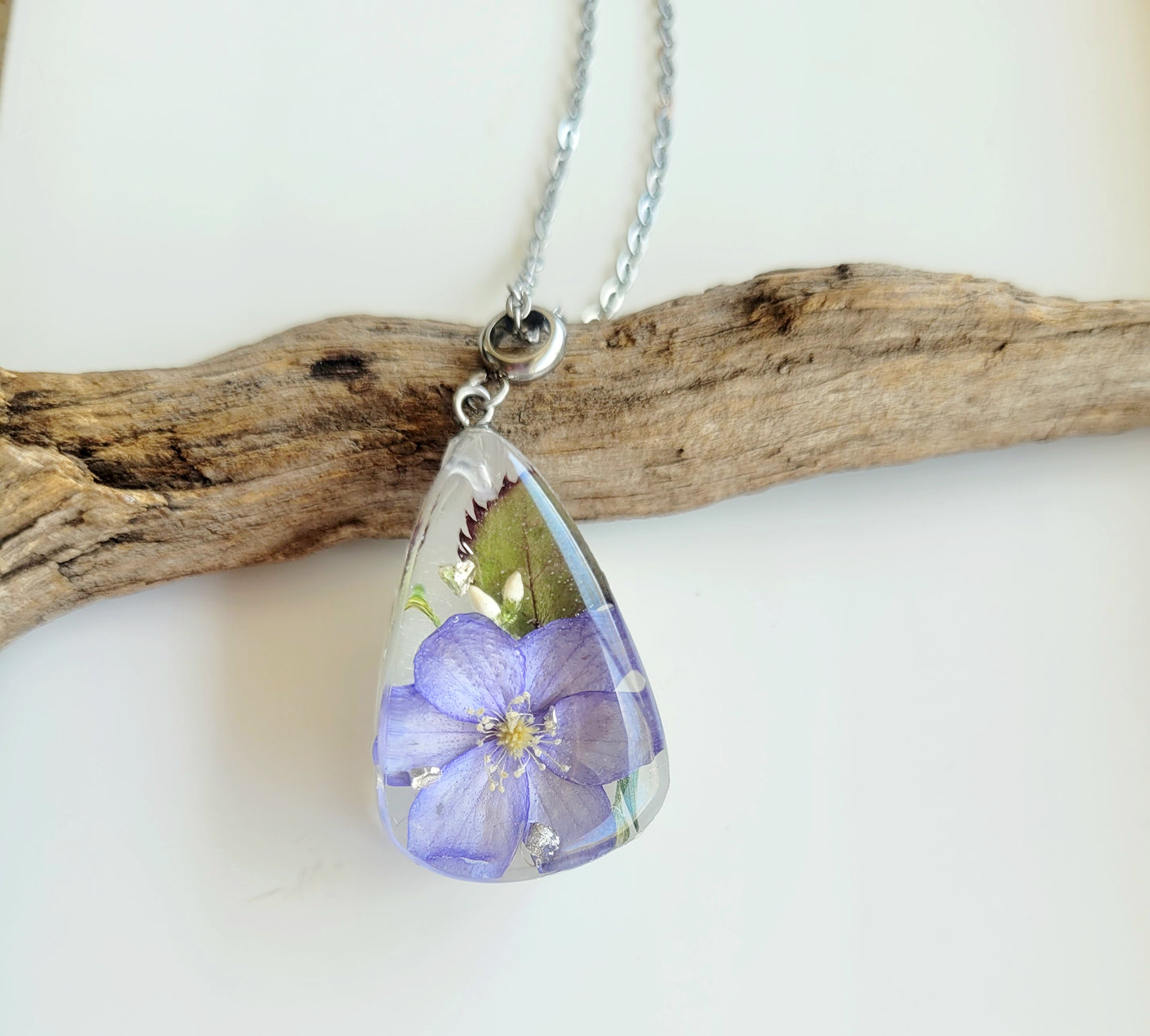Floral botanical handcrafted tear drop necklace with genuine Hepatica