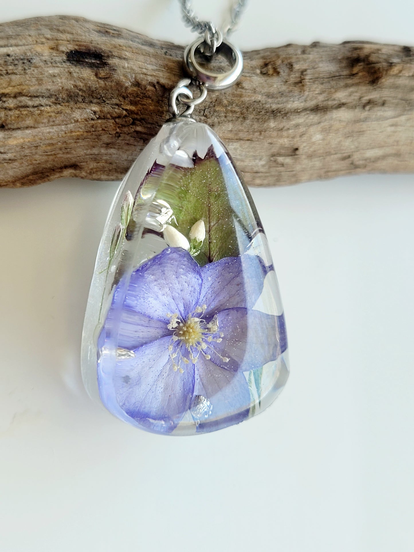 Floral botanical handcrafted tear drop necklace with genuine Hepatica
