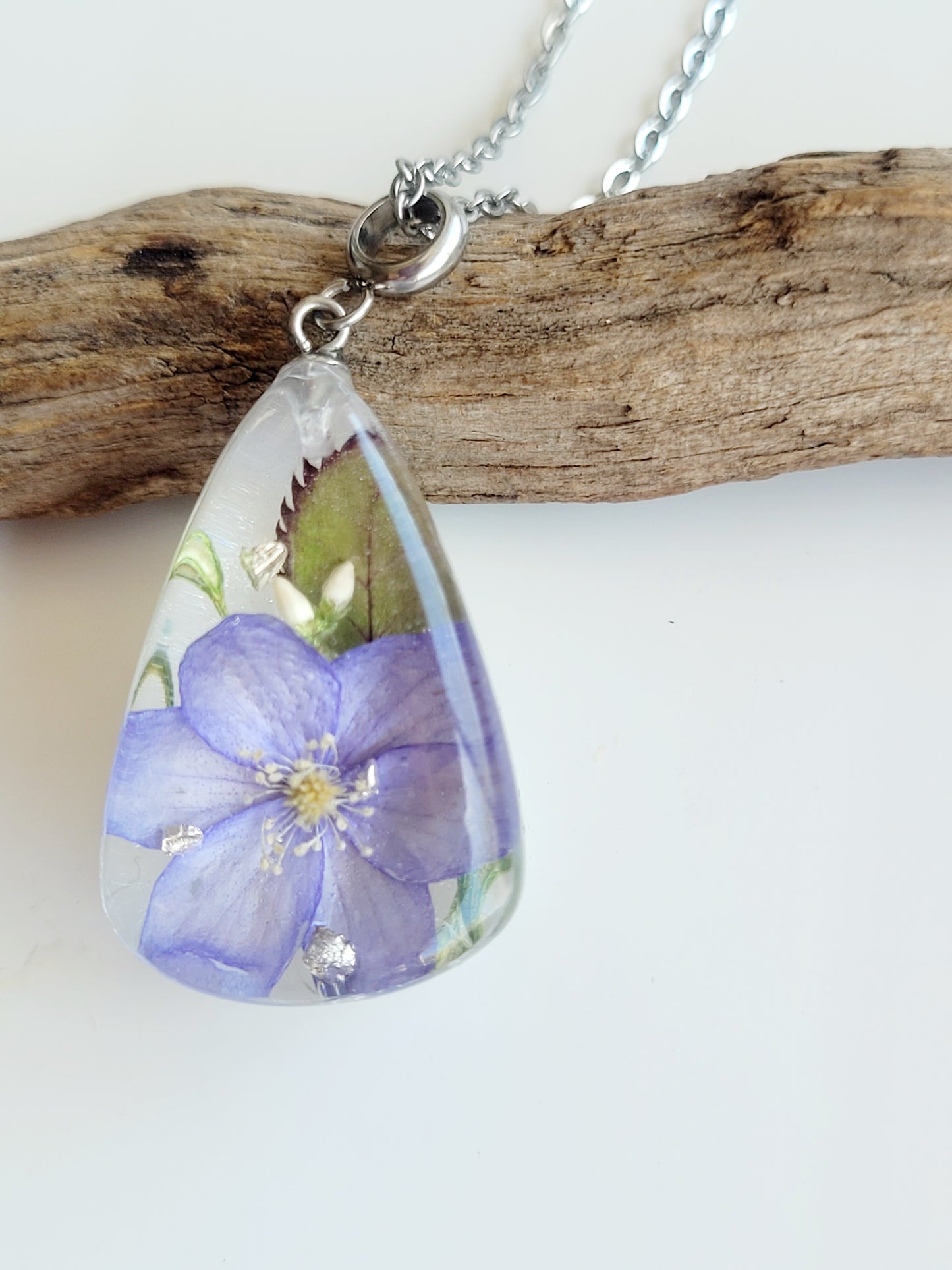 Floral botanical handcrafted tear drop necklace with genuine Hepatica