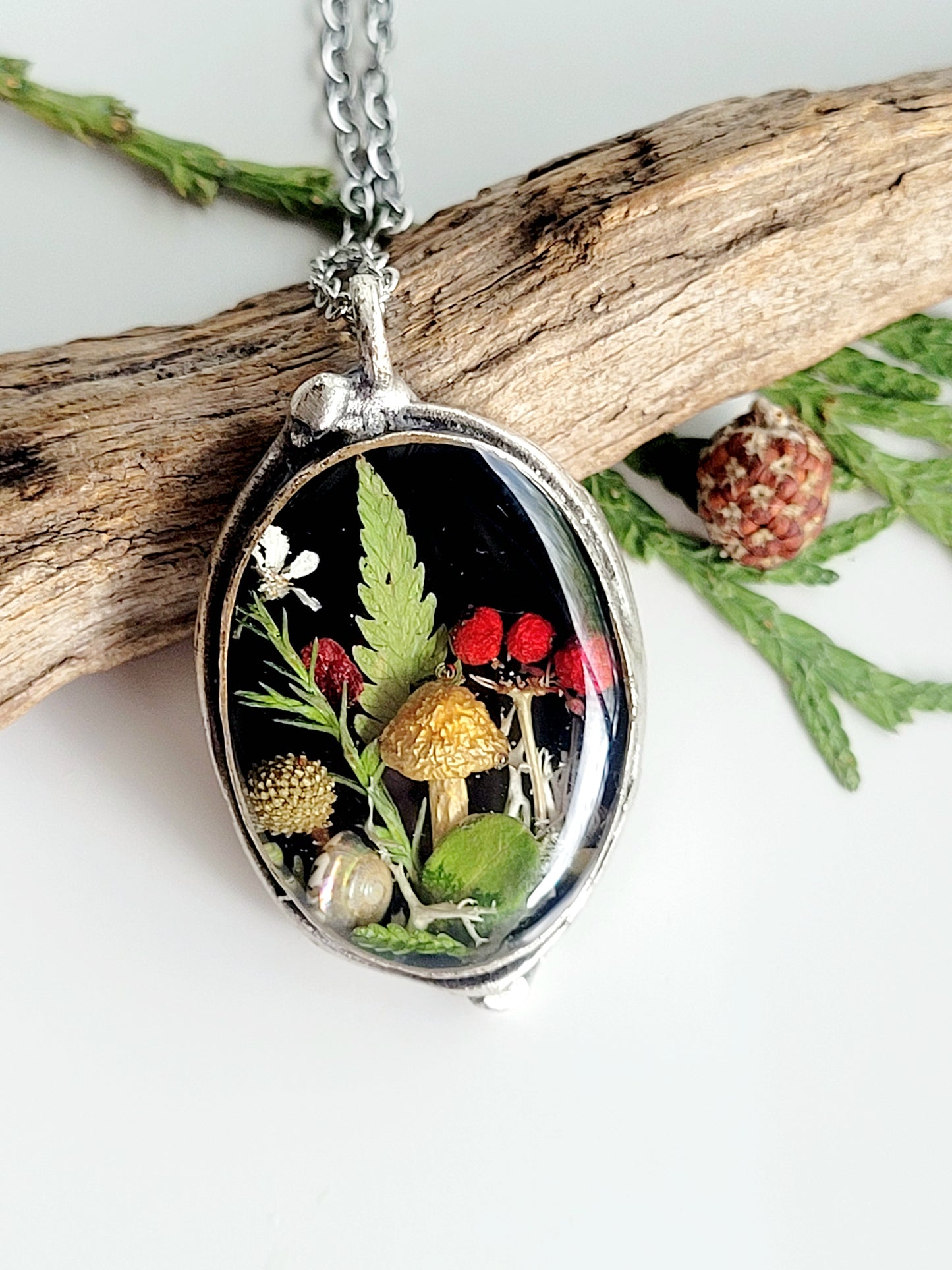 Botanical handcrafted mushroom necklace.