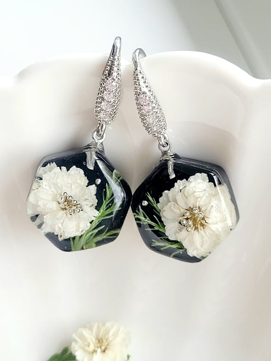 Botanical, handcrafted earrings with real white pearl flowers. Unique Gift.
