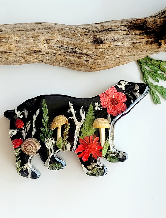 Handcrafted Forest Bear Brooch – Real Mushrooms,flowers, Fern & Snail Shell