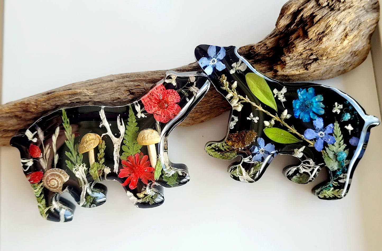 Handcrafted Forest Bear Brooch – Real Mushrooms,flowers, Fern & Snail Shell