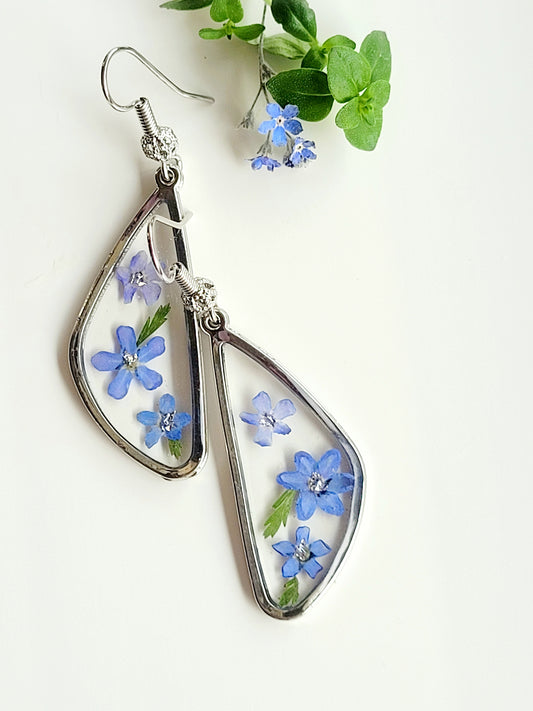 Floral handcrafted earrings with real fogrt me not.  Unique Gift. Unique Canadian jewelry