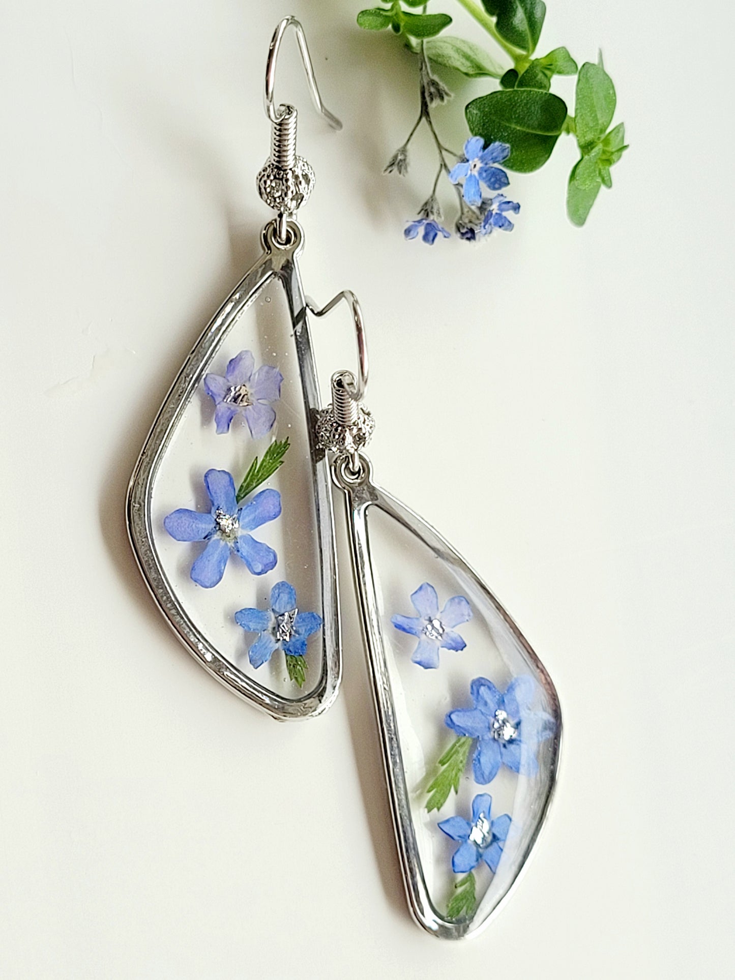 Floral handcrafted earrings with real fogrt me not.  Unique Gift. Unique Canadian jewelry