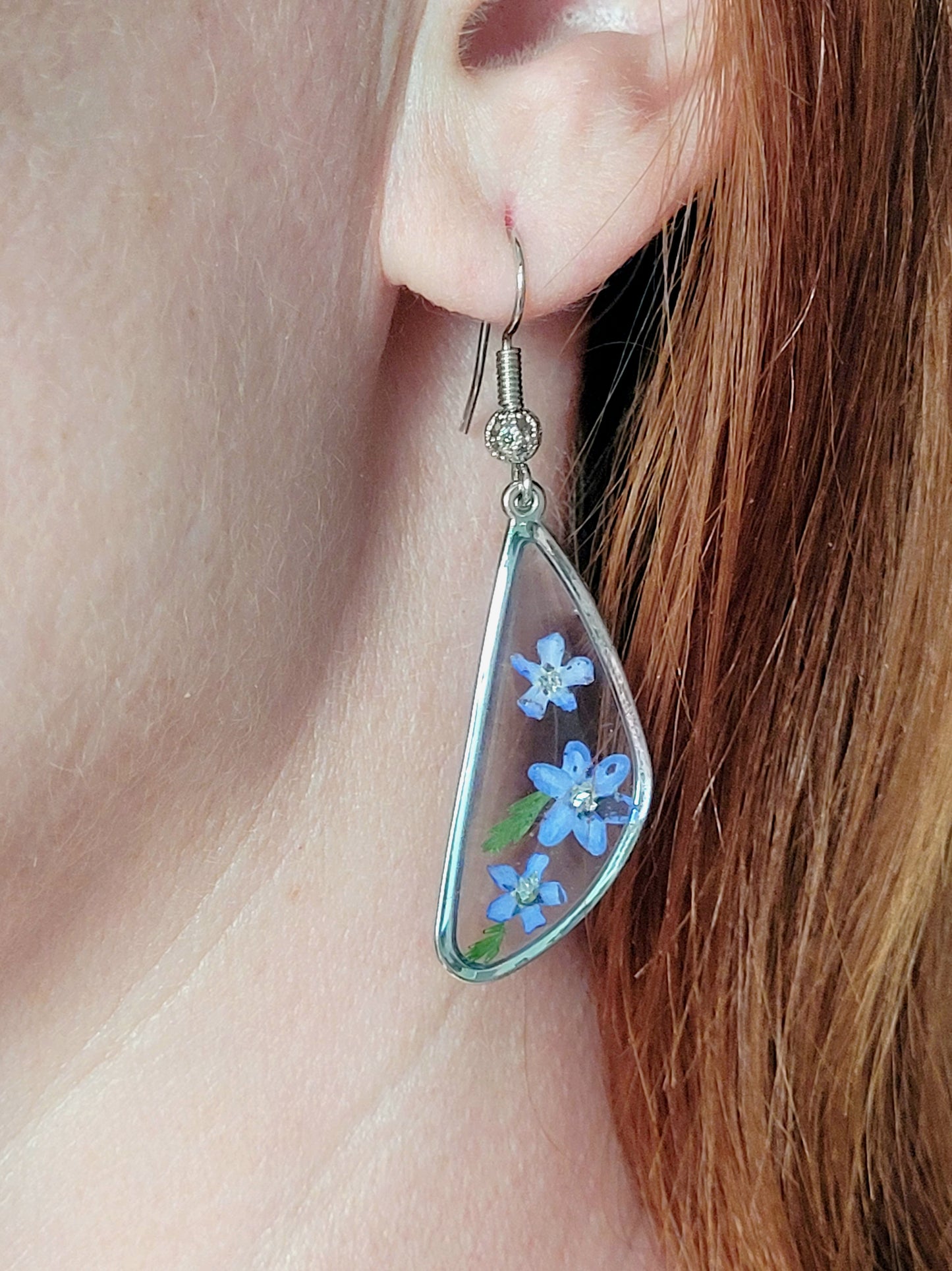 Floral handcrafted earrings with real fogrt me not.  Unique Gift. Unique Canadian jewelry