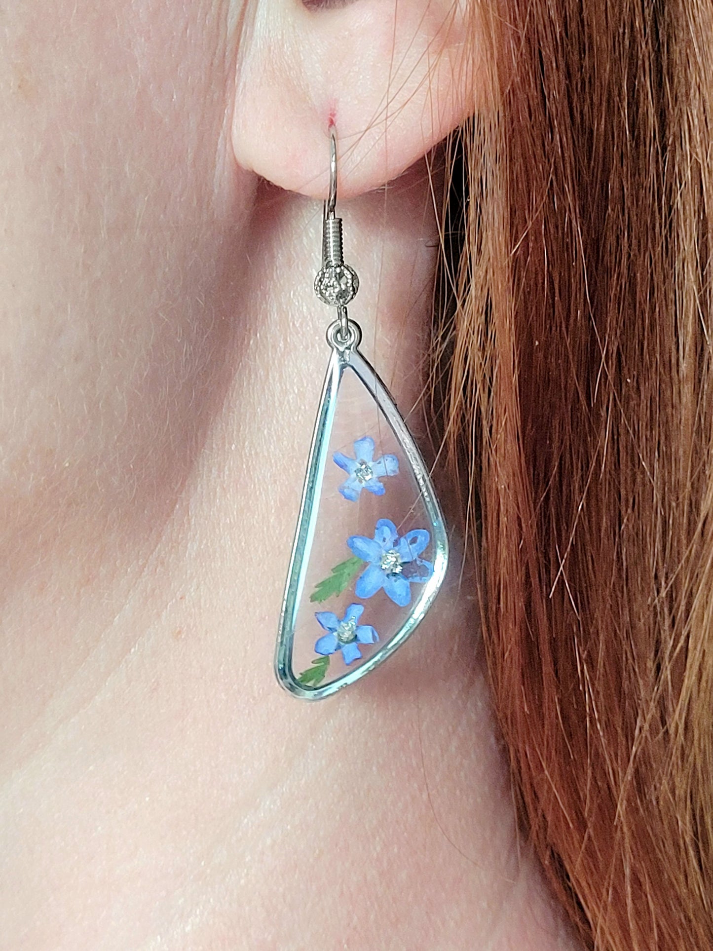Floral handcrafted earrings with real fogrt me not.  Unique Gift. Unique Canadian jewelry