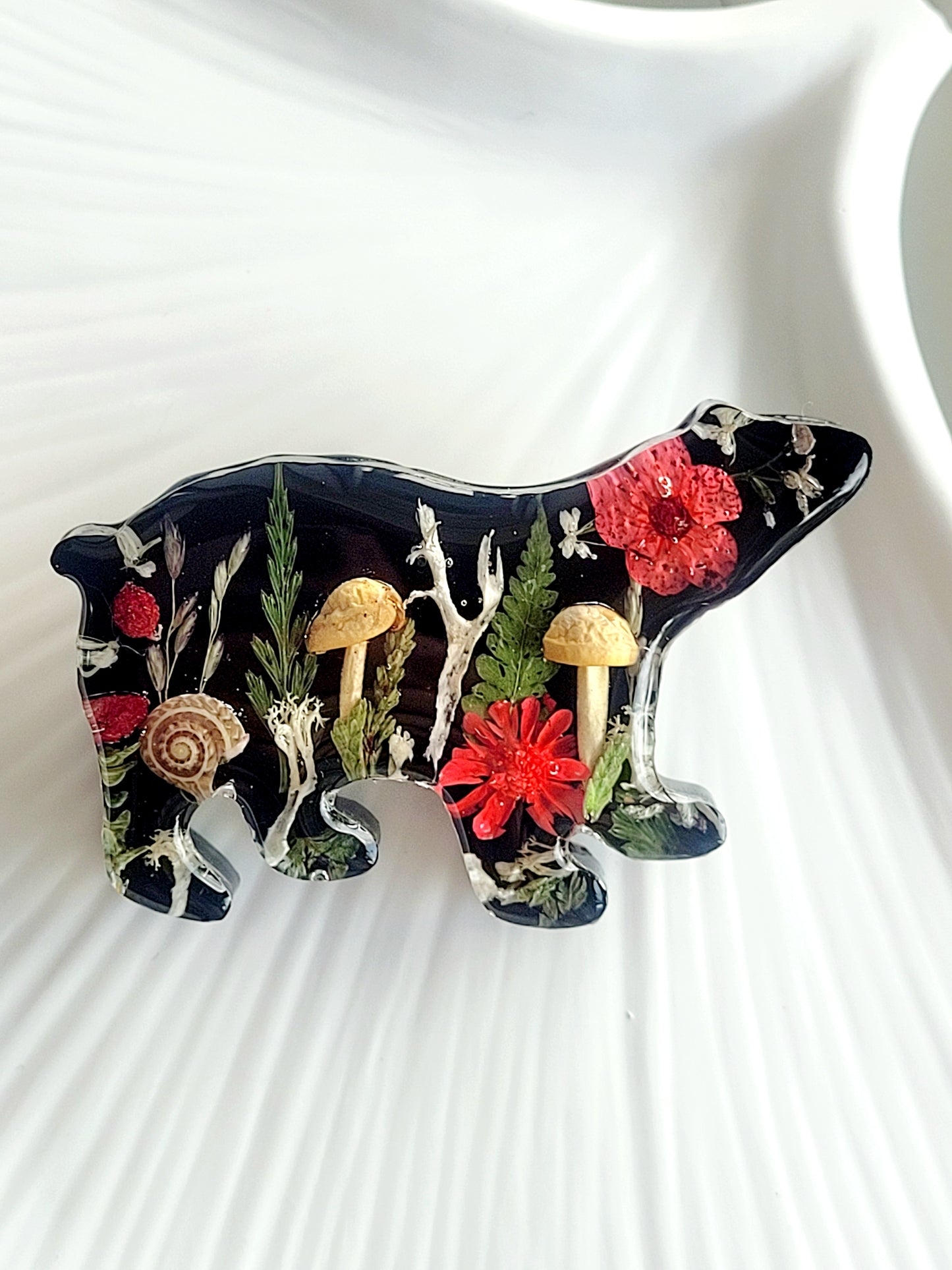 Handcrafted Forest Bear Brooch – Real Mushrooms,flowers, Fern & Snail Shell