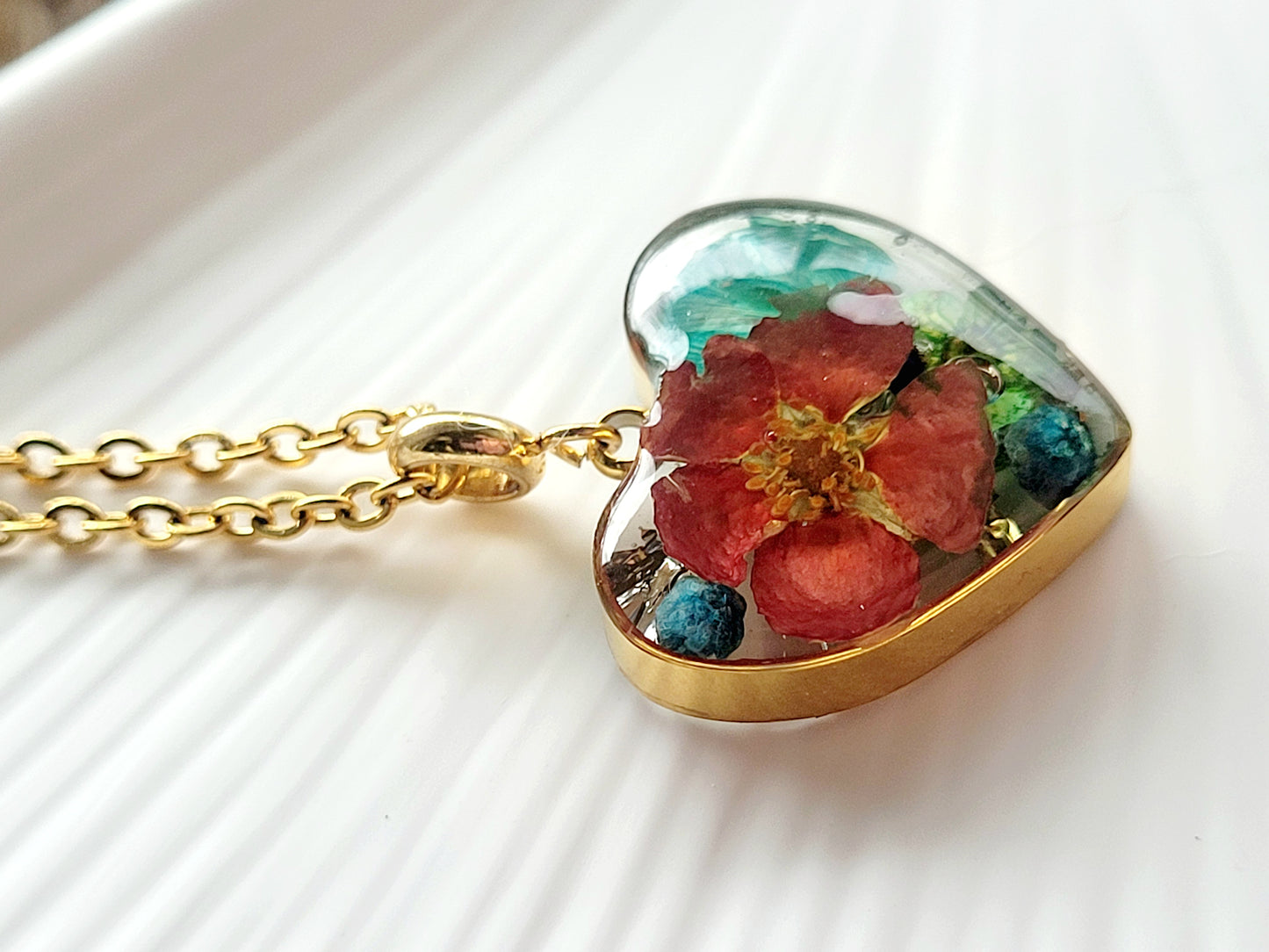 Botanical heart necklace with real genuine wildflowers. Giftf or her. Handcrafted real flower jewelry