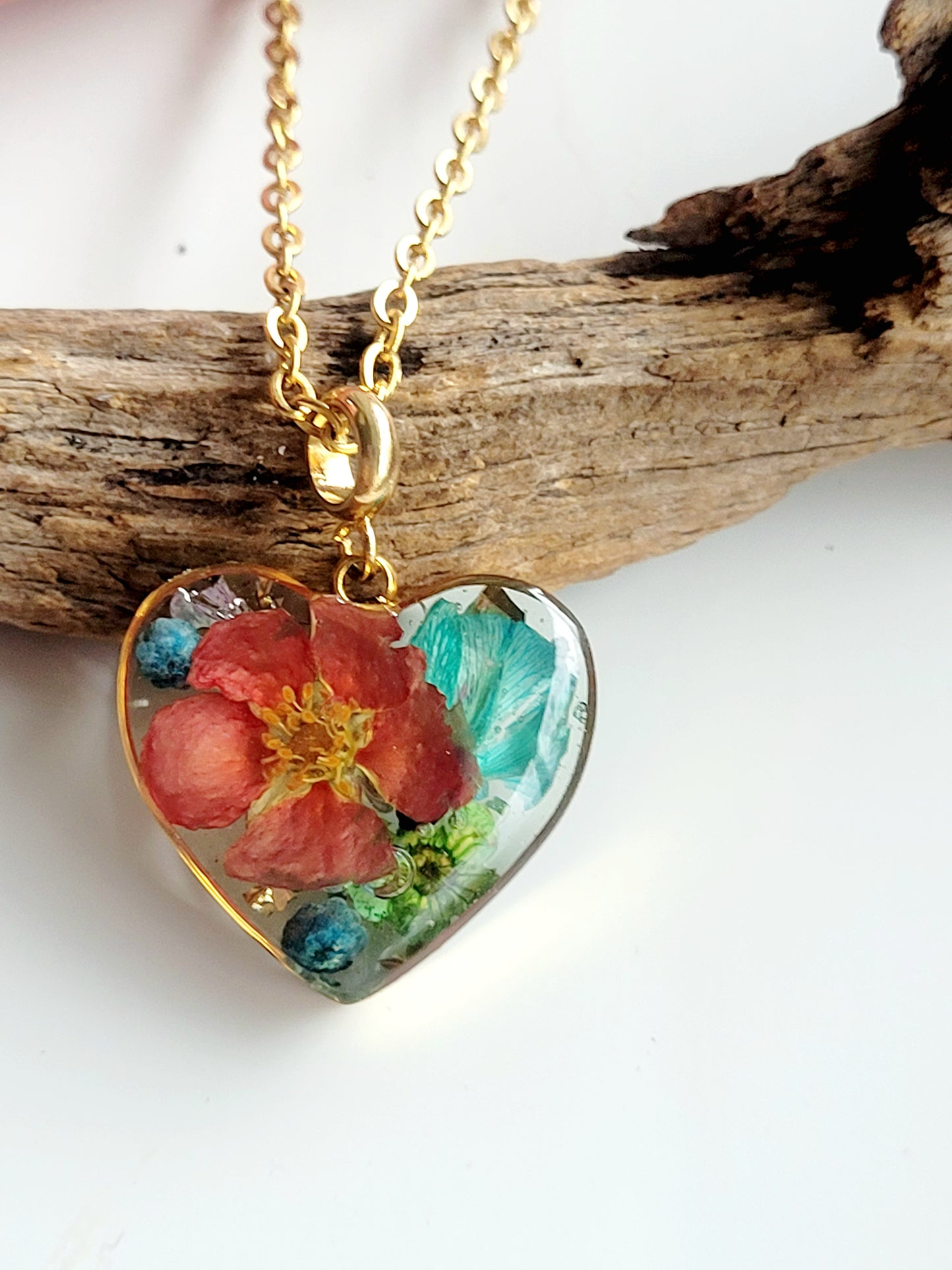 Botanical heart necklace with real genuine wildflowers. Giftf or her. Handcrafted real flower jewelry