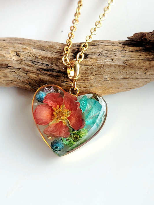 Botanical heart necklace with real genuine wildflowers. Giftf or her. Handcrafted real flower jewelry