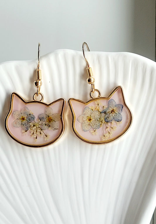 Cat floral handcrafted earrings with wildflowers. Unique Gift. Unique Canadian jewelry