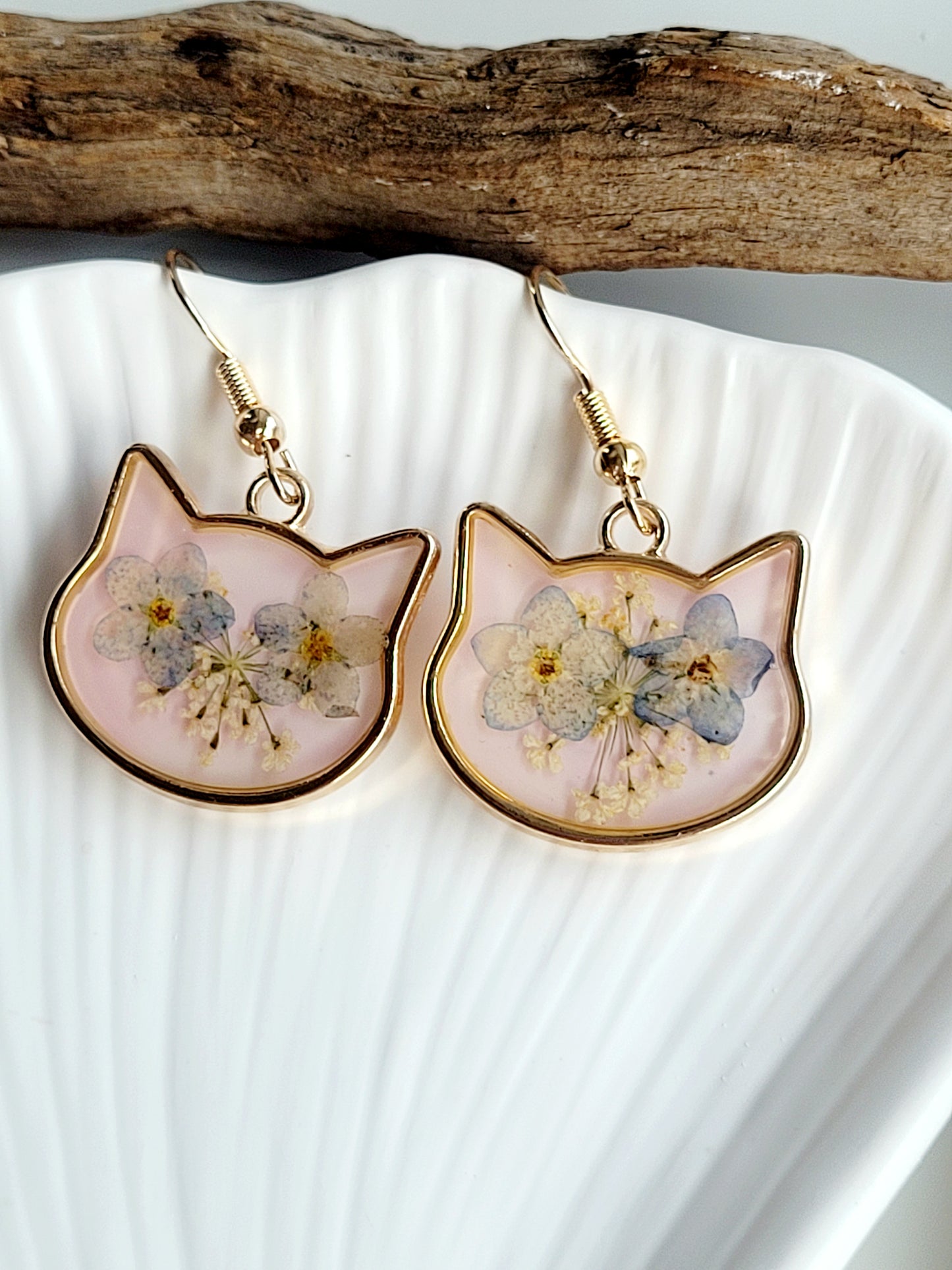 Cat floral handcrafted earrings with wildflowers. Unique Gift. Unique Canadian jewelry