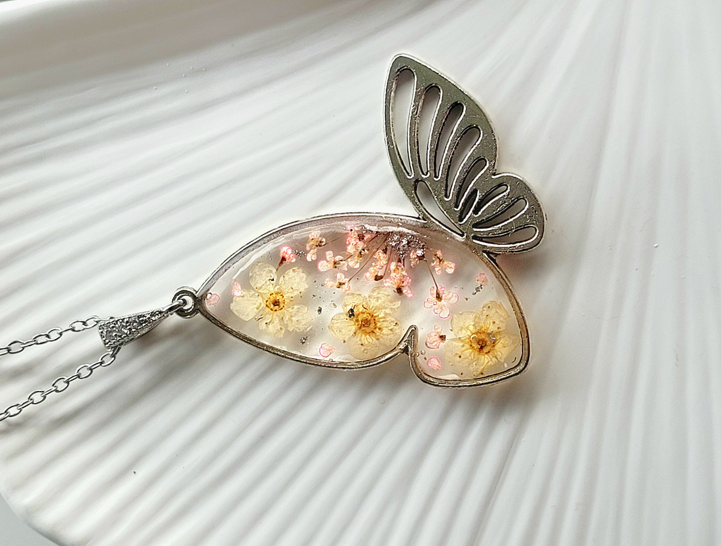 Botanical, handcrafted white and pink butterfly necklac with genuine flowers. Unique gift