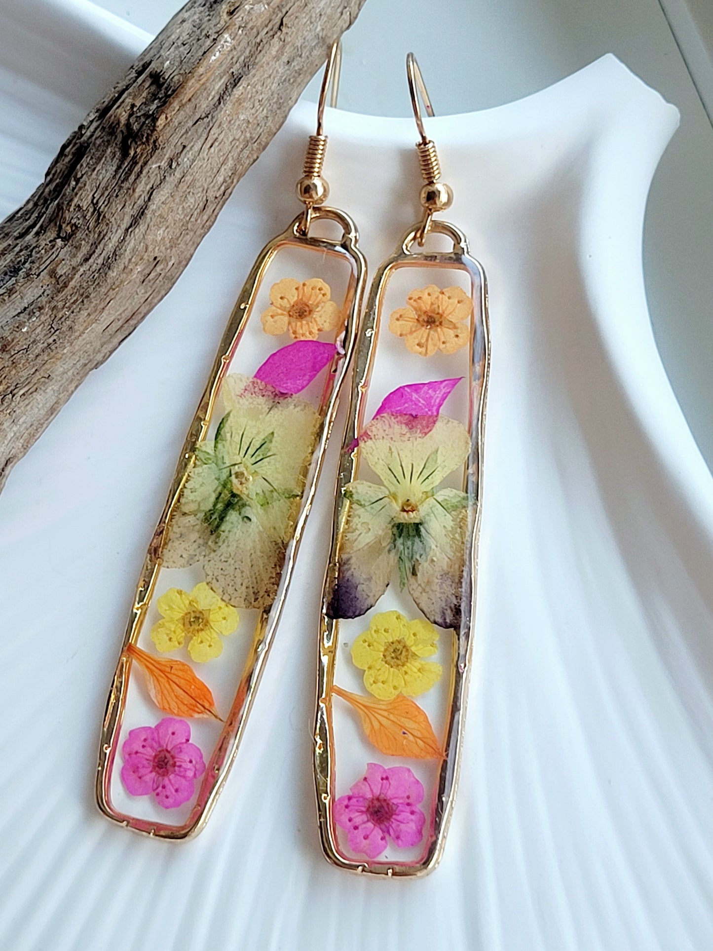 Floral handcrafted earrings with white wildflowers. Unique Gift. Unique Canadian jewelry