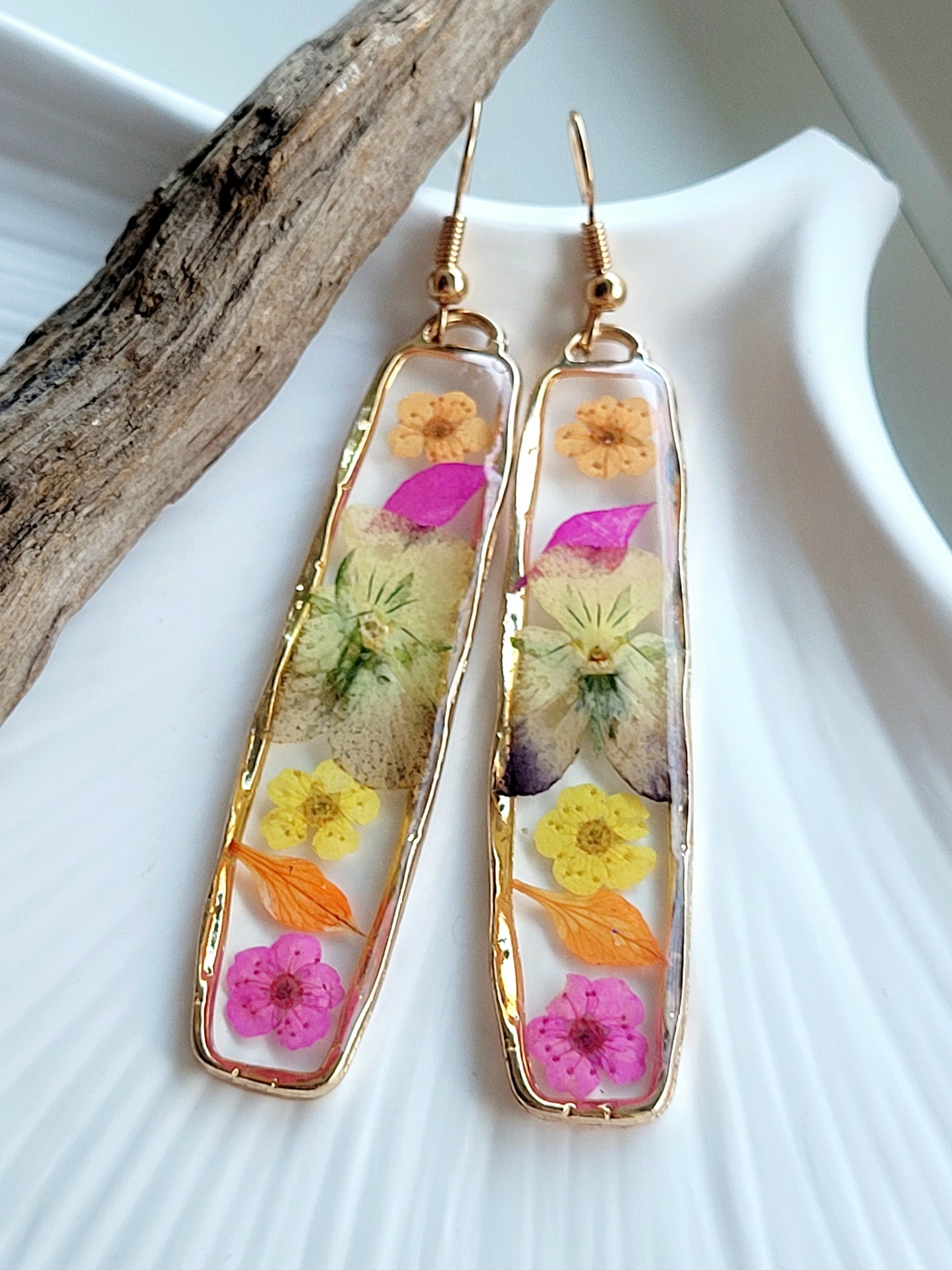 Floral handcrafted earrings with white wildflowers. Unique Gift. Unique Canadian jewelry