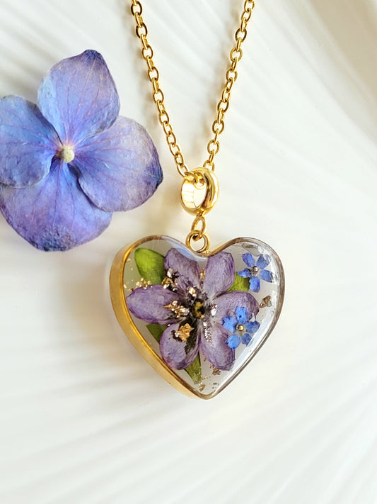 Botanical heart necklace with real genuine lilac. Giftf or her. Handcrafted real flower jewelry
