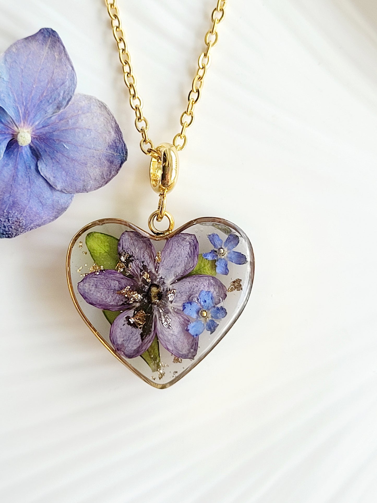 Botanical heart necklace with real genuine lilac. Giftf or her. Handcrafted real flower jewelry