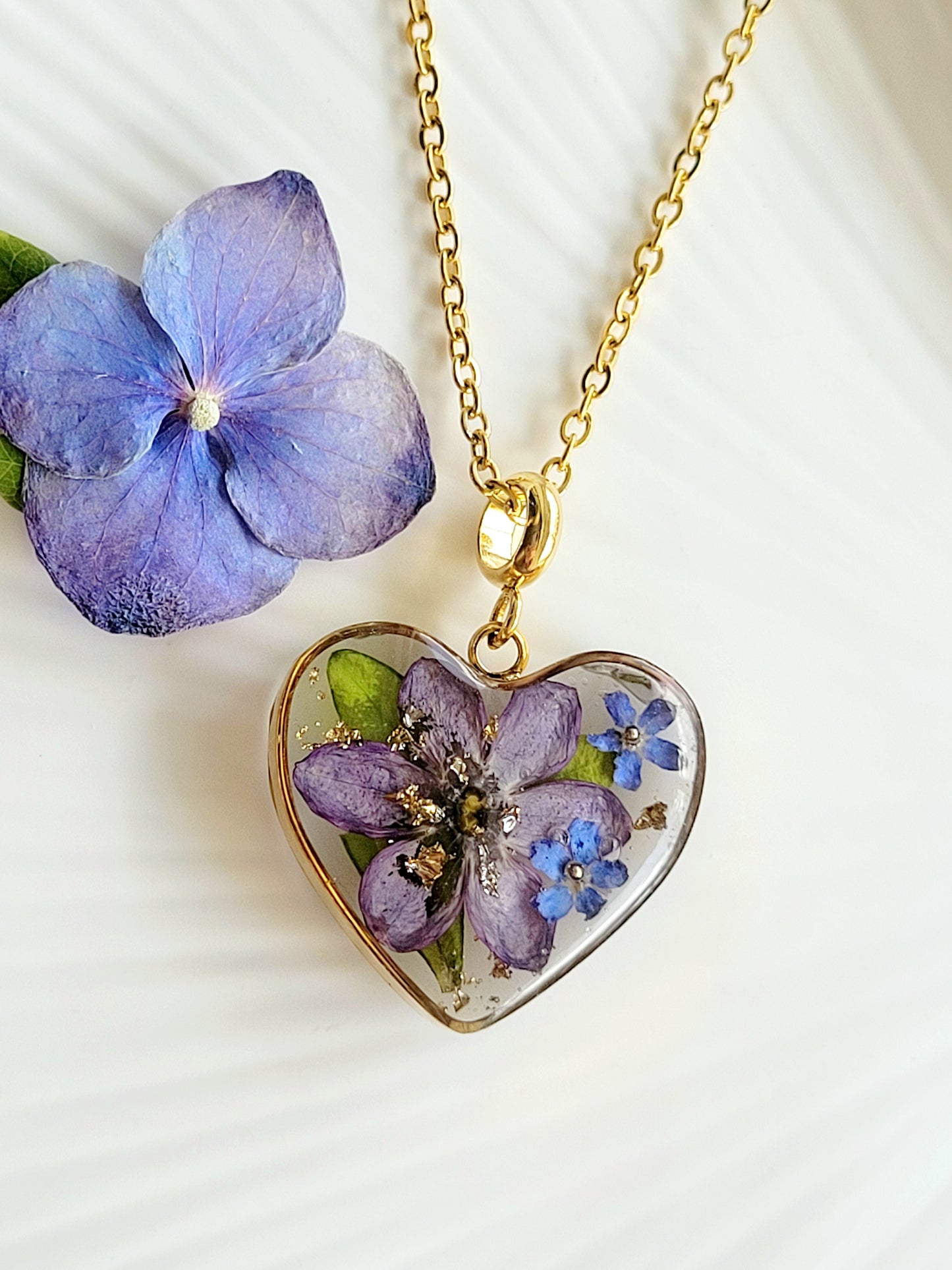 Botanical heart necklace with real genuine lilac. Giftf or her. Handcrafted real flower jewelry