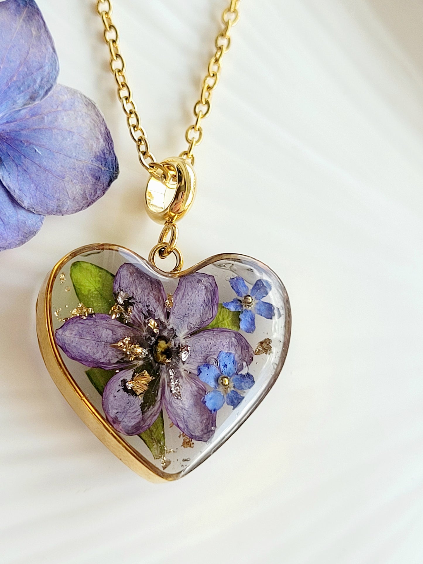 Botanical heart necklace with real genuine lilac. Giftf or her. Handcrafted real flower jewelry