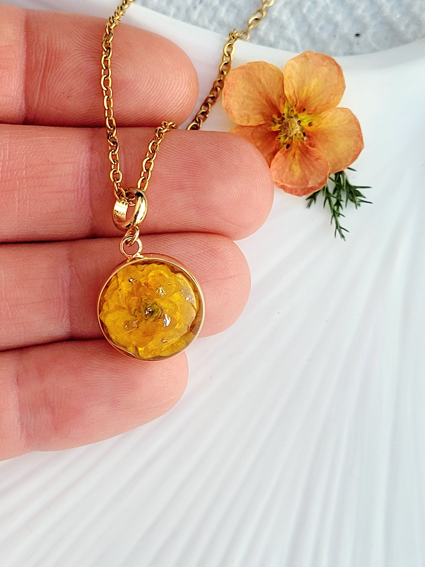 Delicate real butter cup flower Necklace – Minimalist jewelry.