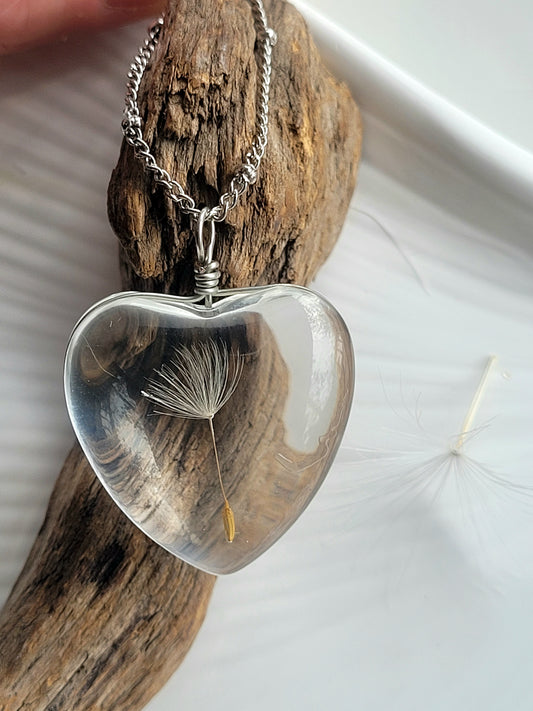 Handmade dandelion heart  seed necklace. Unique jewelry and gift.