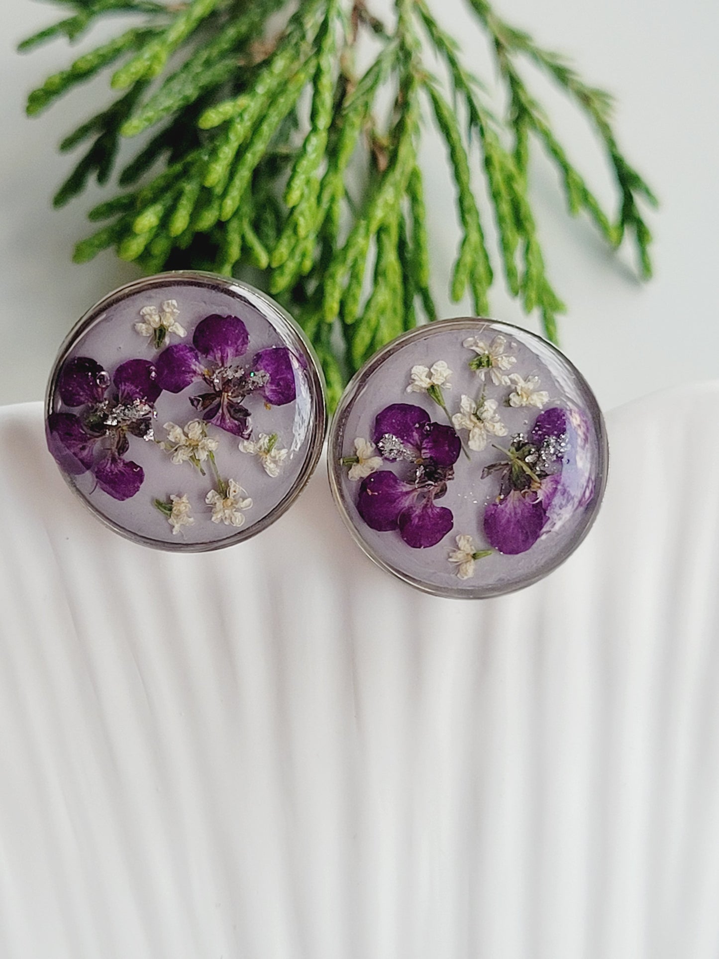 Purple Flower studs. Genuine wildflower studs. Pressed flower earrings. Handcrafted studs with real flowers