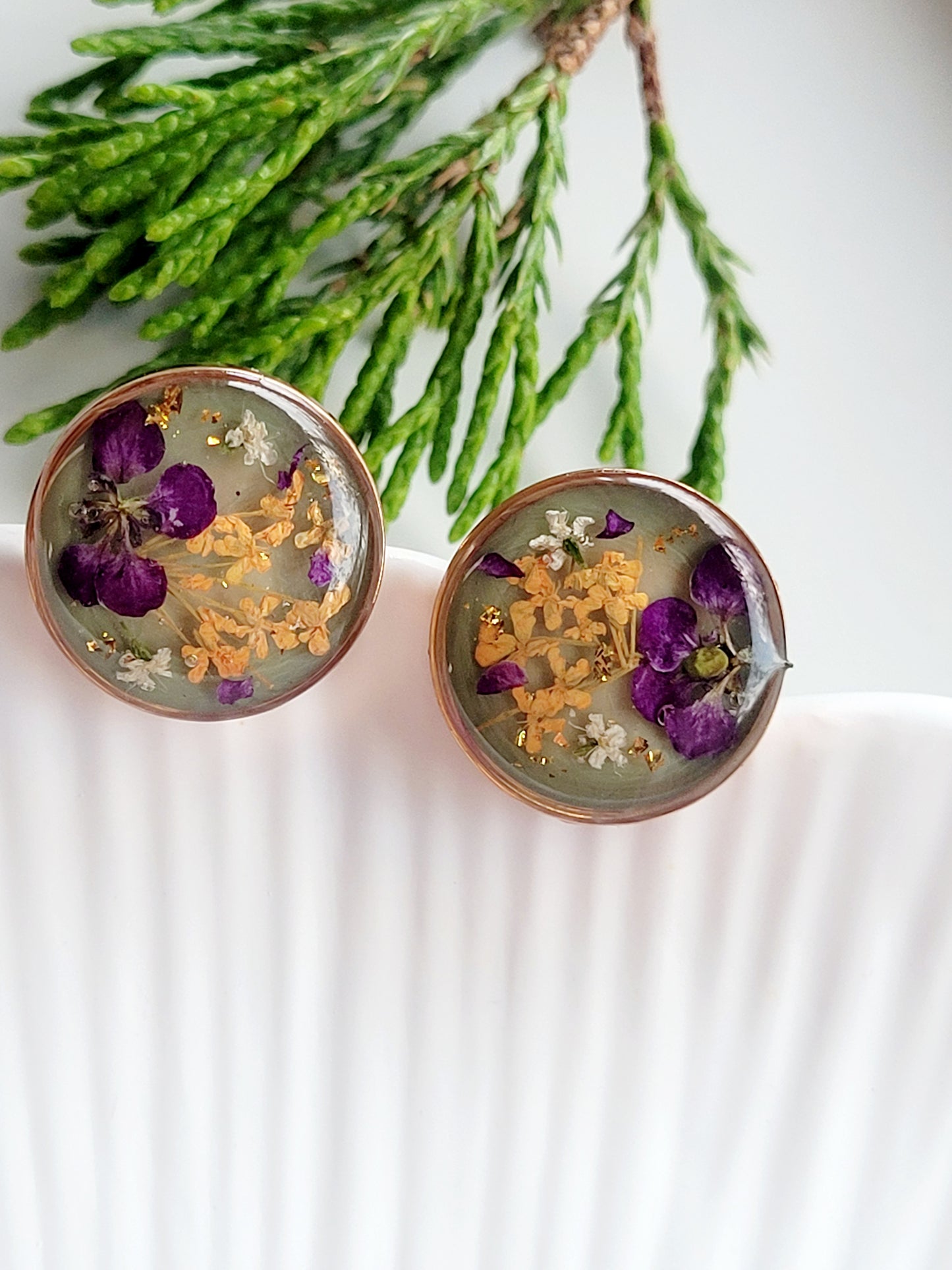 Orange and purple flower studs. Genuine wildflower studs. Pressed flower earrings. Handcrafted studs with real flowers