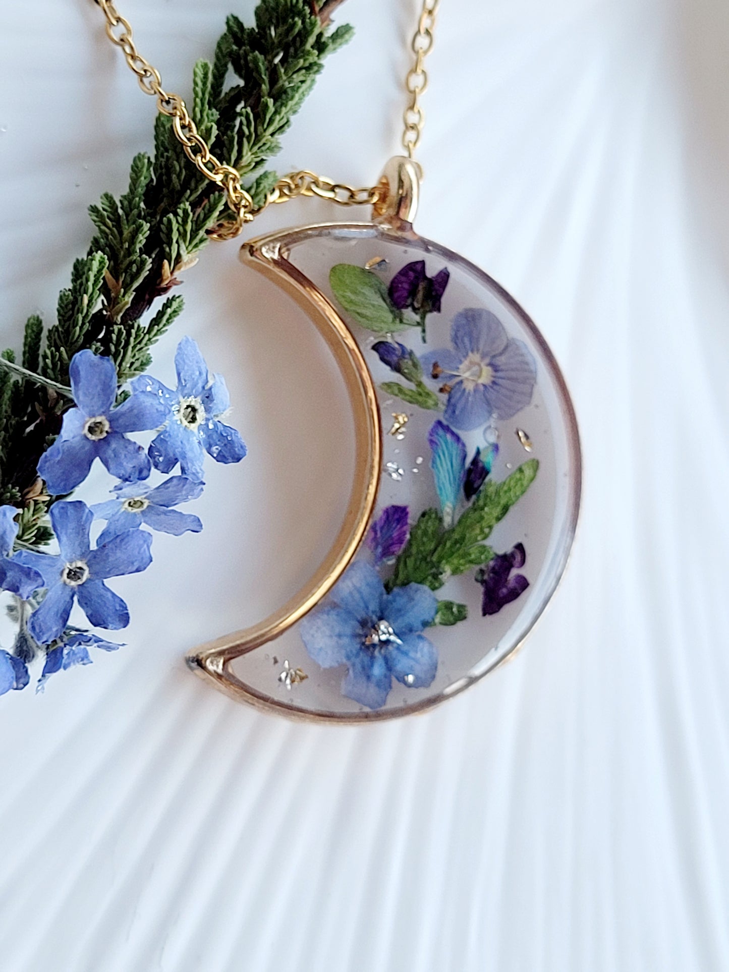 Handcrafted crescent necklace with real wildflowers, one-of-a-kind necklace and special gift for her.