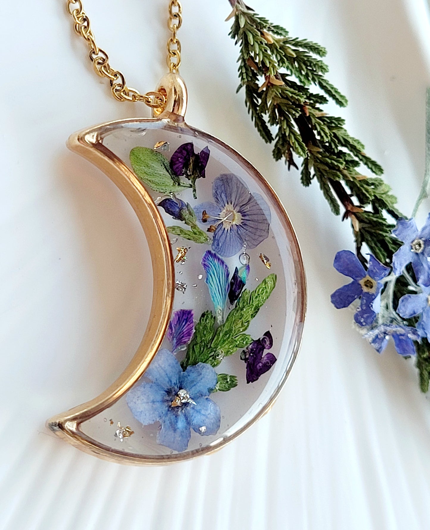 Handcrafted crescent necklace with real wildflowers, one-of-a-kind necklace and special gift for her.