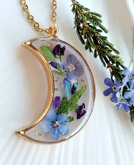 Handcrafted crescent necklace with real wildflowers, one-of-a-kind necklace and special gift for her.