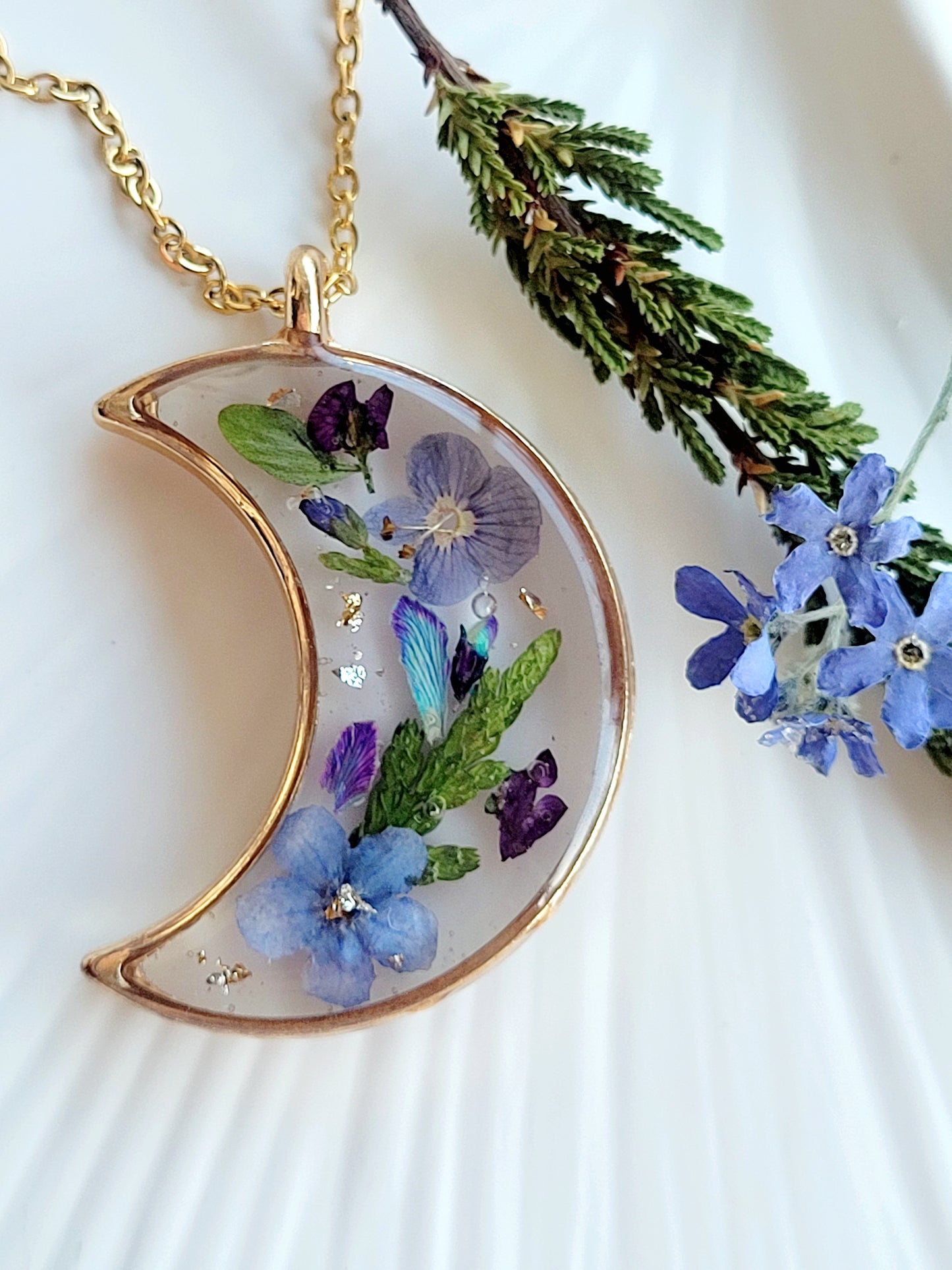 Handcrafted crescent necklace with real wildflowers, one-of-a-kind necklace and special gift for her.