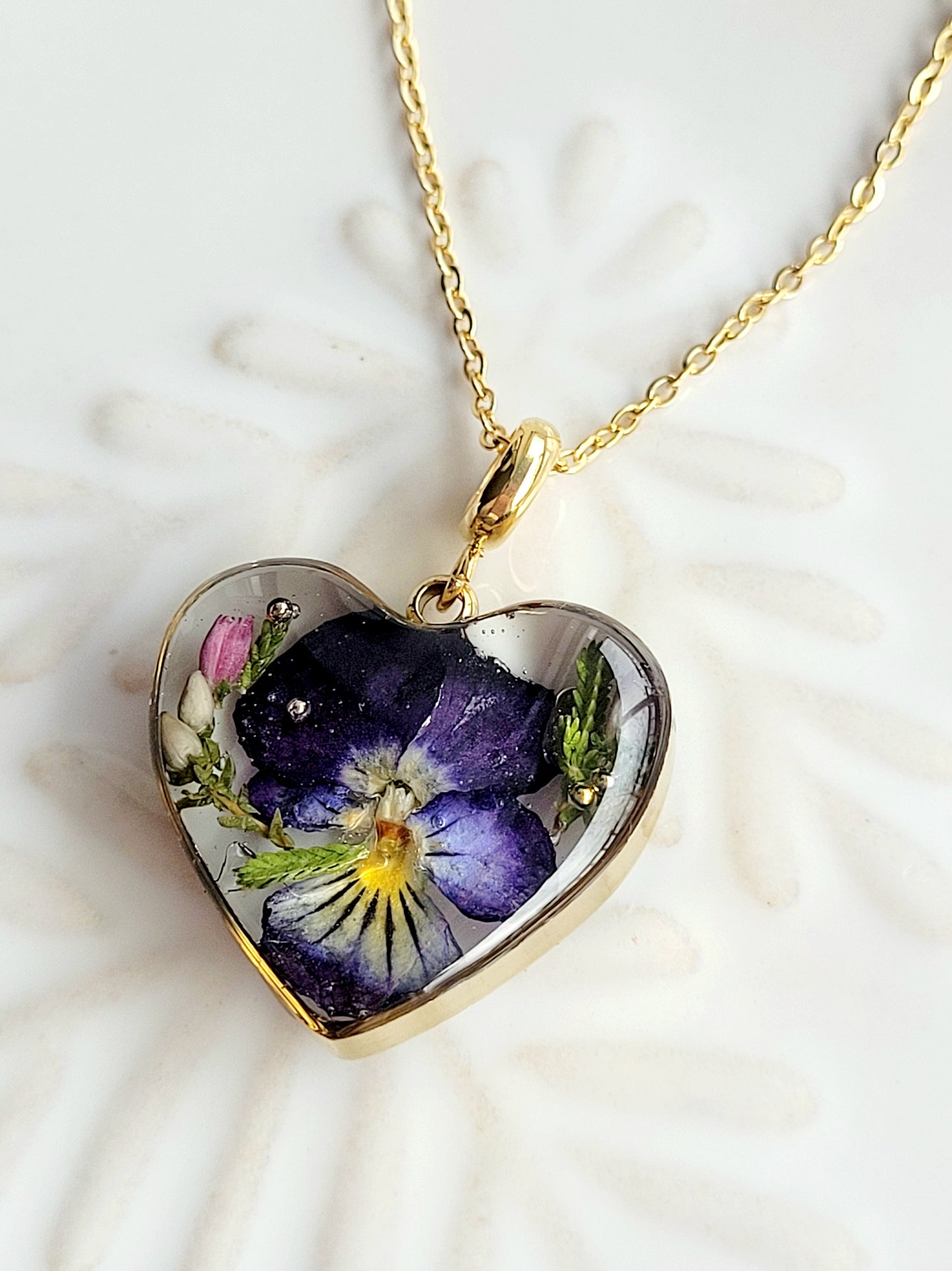 Pansy flower heart necklace