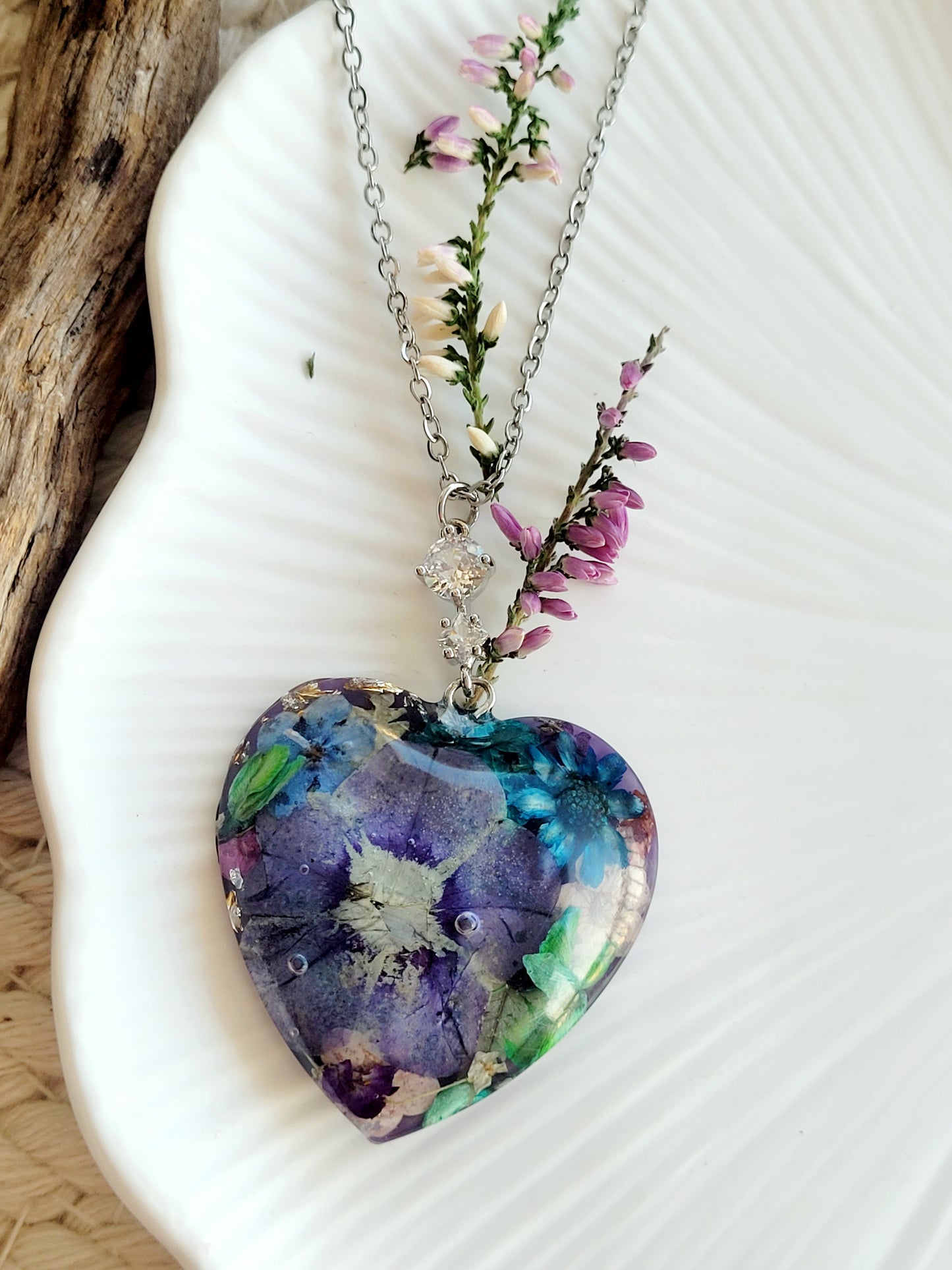 Floral botanical handcrafted heart necklace with genuine petunia flower