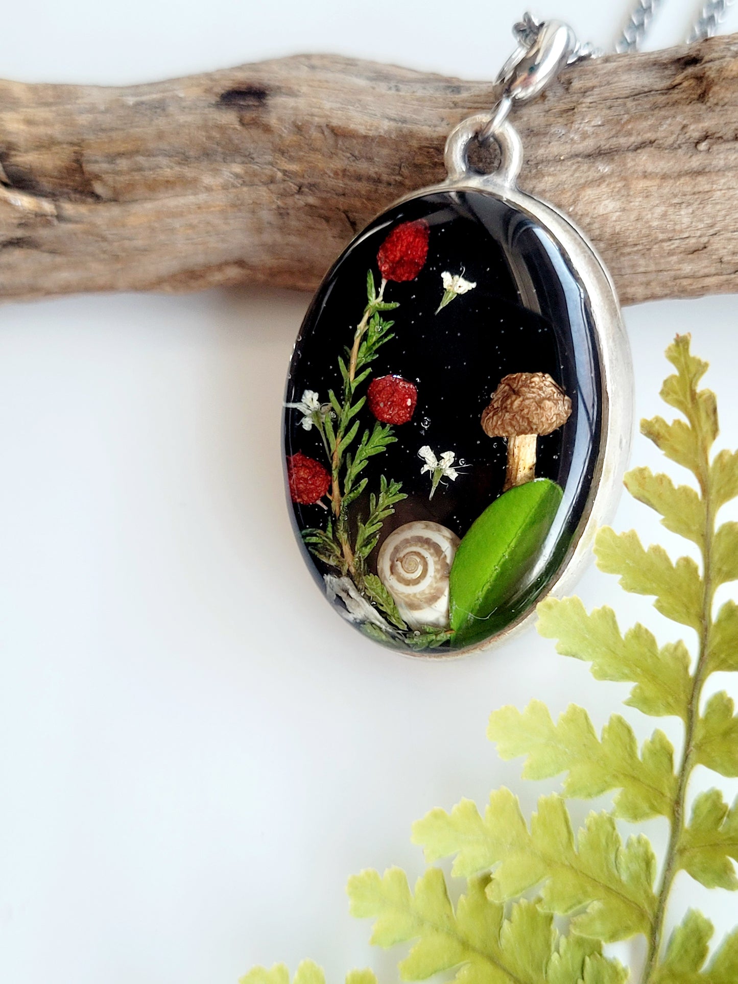 Botanical handcrafted mushroom necklace.