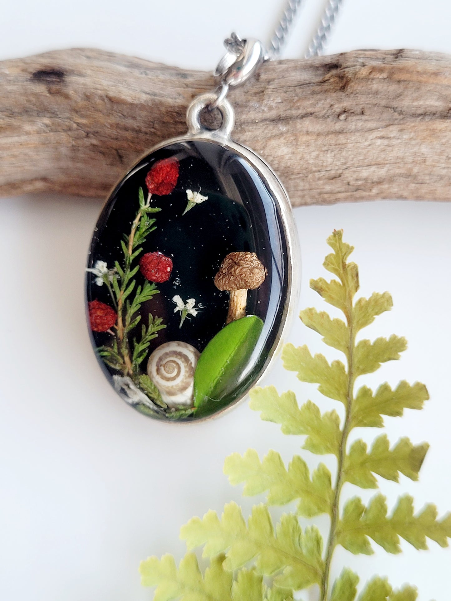 Botanical handcrafted mushroom necklace.