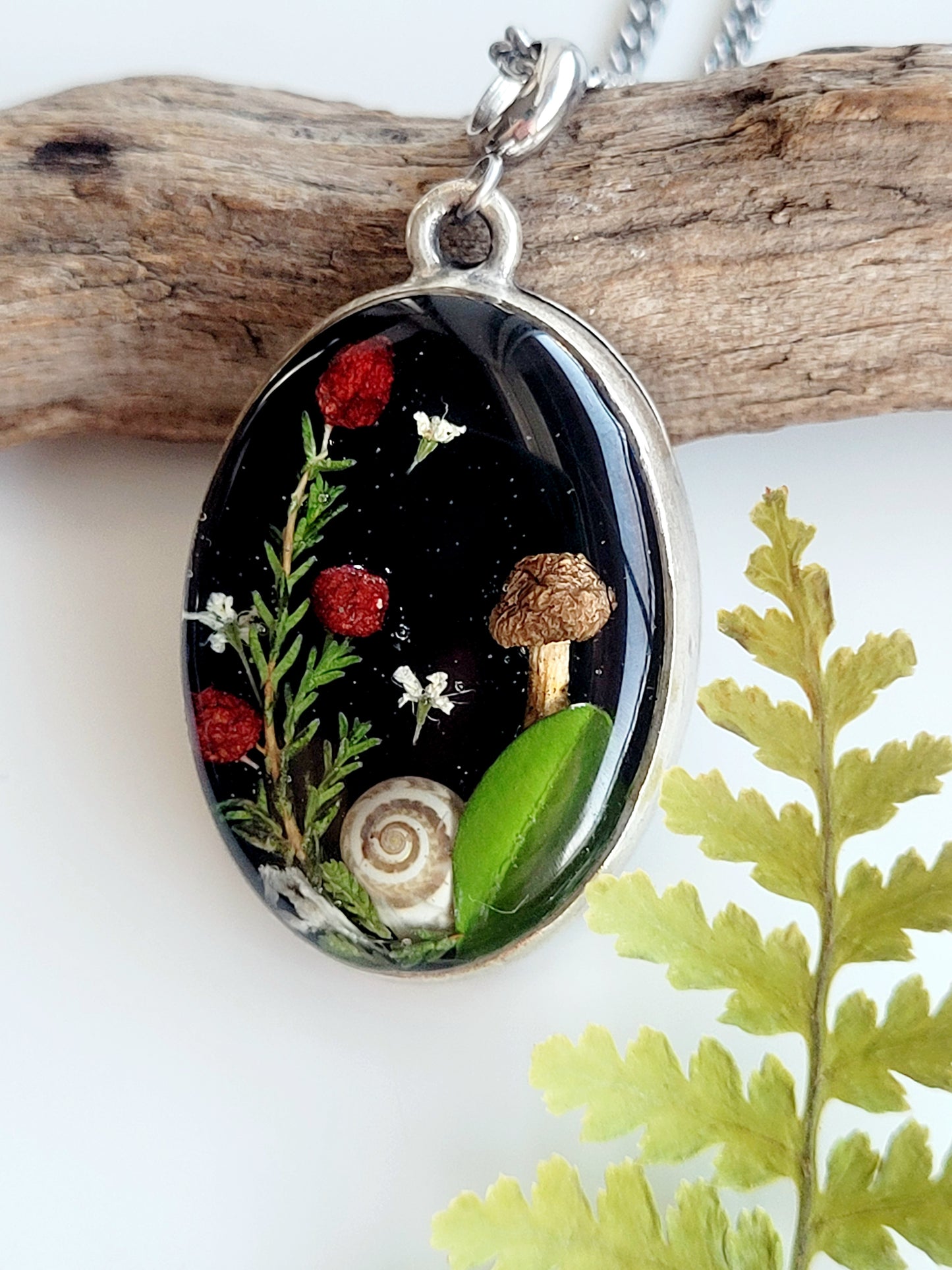Botanical handcrafted mushroom necklace.