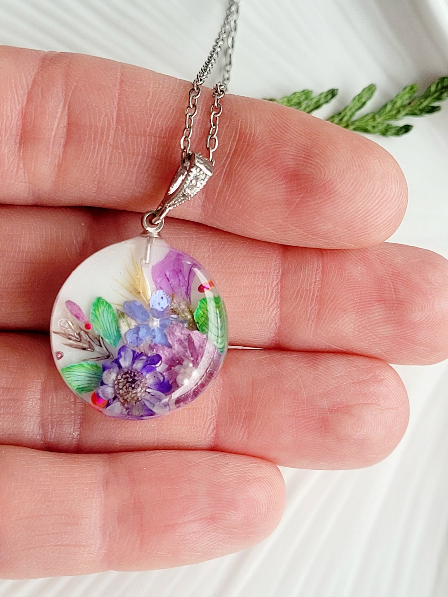 Blooming Meadow Pendant. Botanical necklace with real flowers