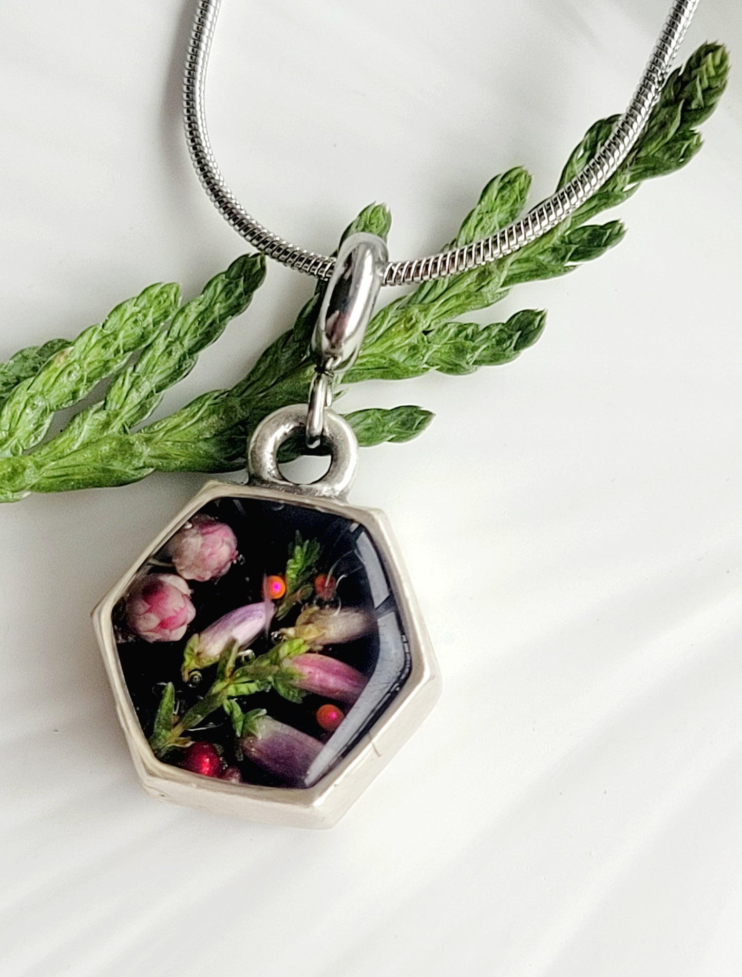 Delicate real heather flower Necklace – Minimalist jewelry.