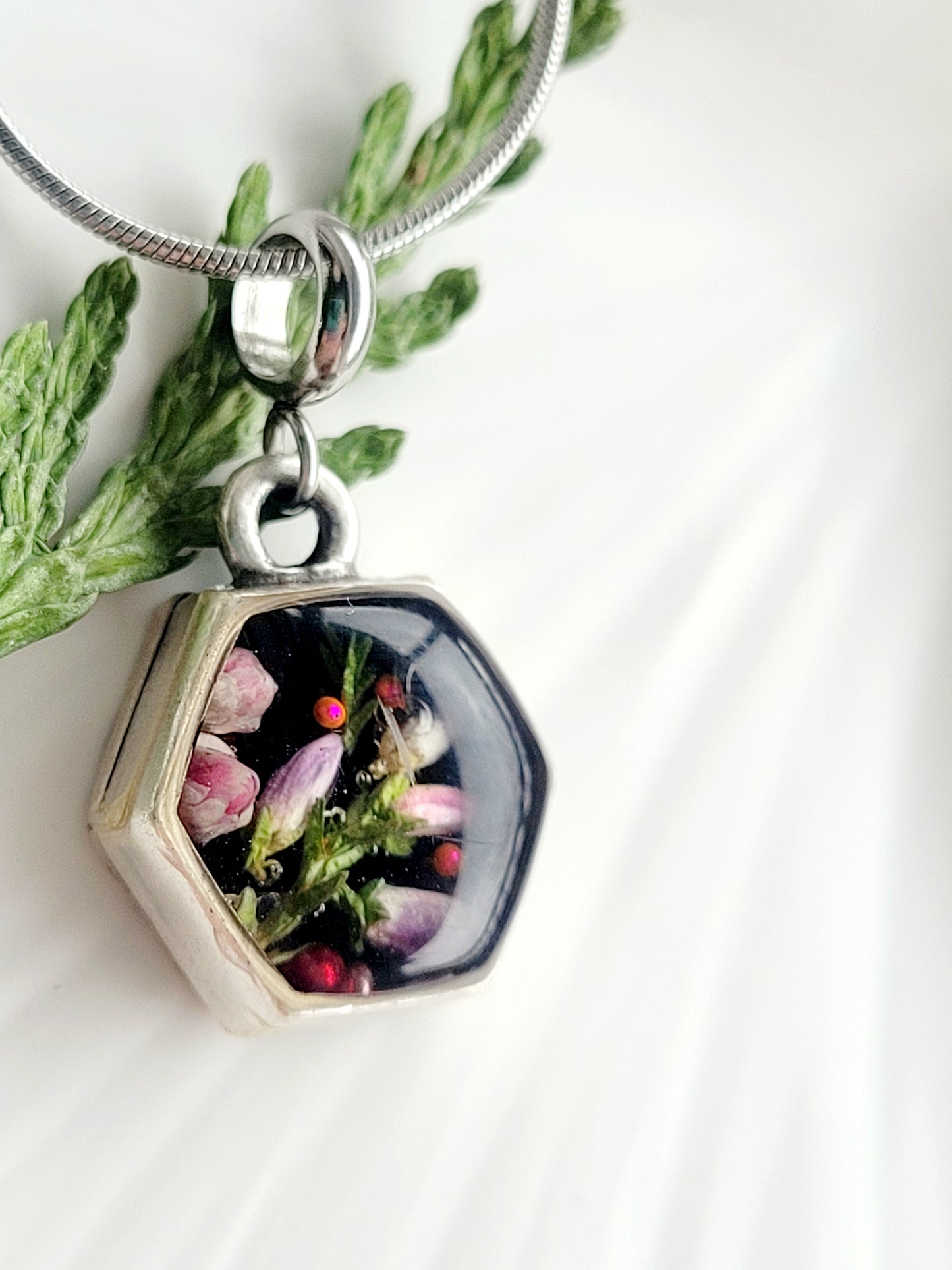 Delicate real heather flower Necklace – Minimalist jewelry.