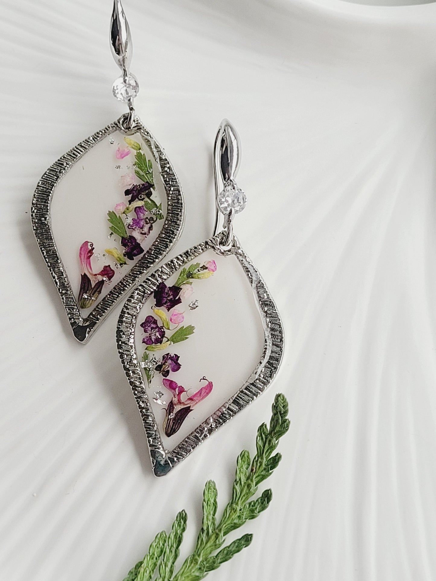 Floral handcrafted earrings with real whild flowers. Unique Gift. Unique Canadian jewelry