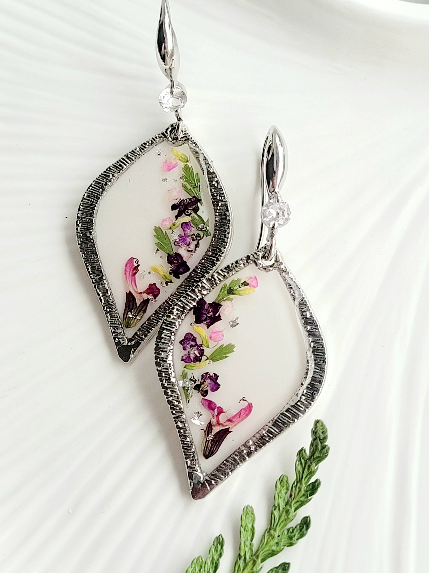 Floral handcrafted earrings with real whild flowers. Unique Gift. Unique Canadian jewelry