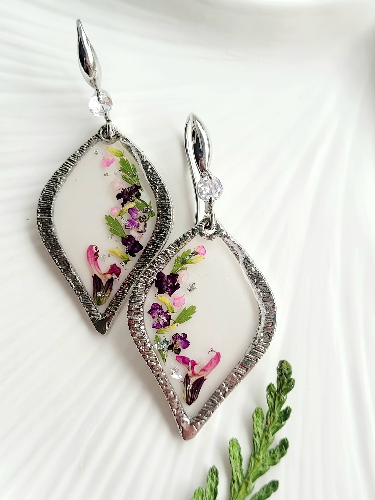 Floral handcrafted earrings with real whild flowers. Unique Gift. Unique Canadian jewelry