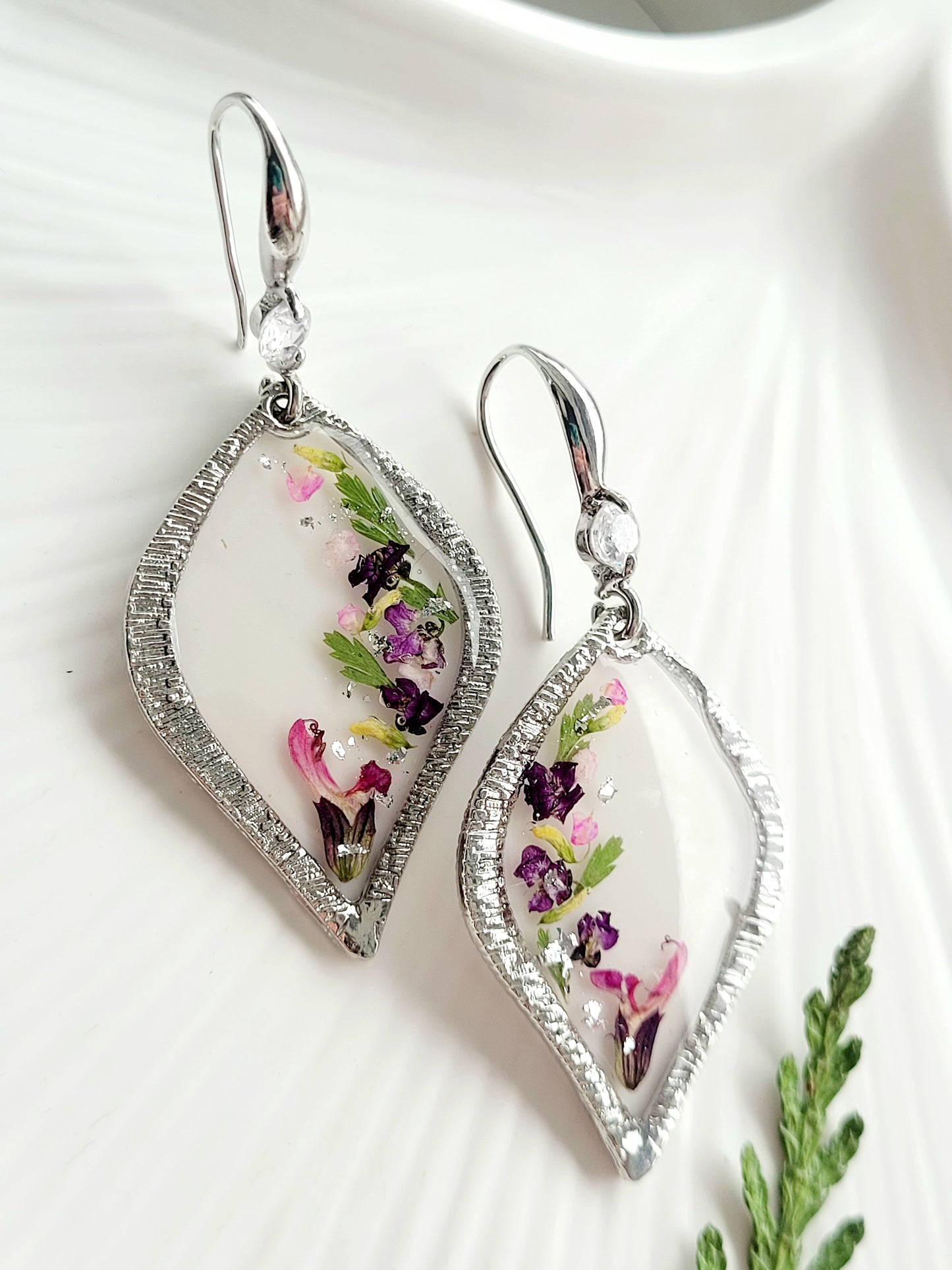 Floral handcrafted earrings with real whild flowers. Unique Gift. Unique Canadian jewelry